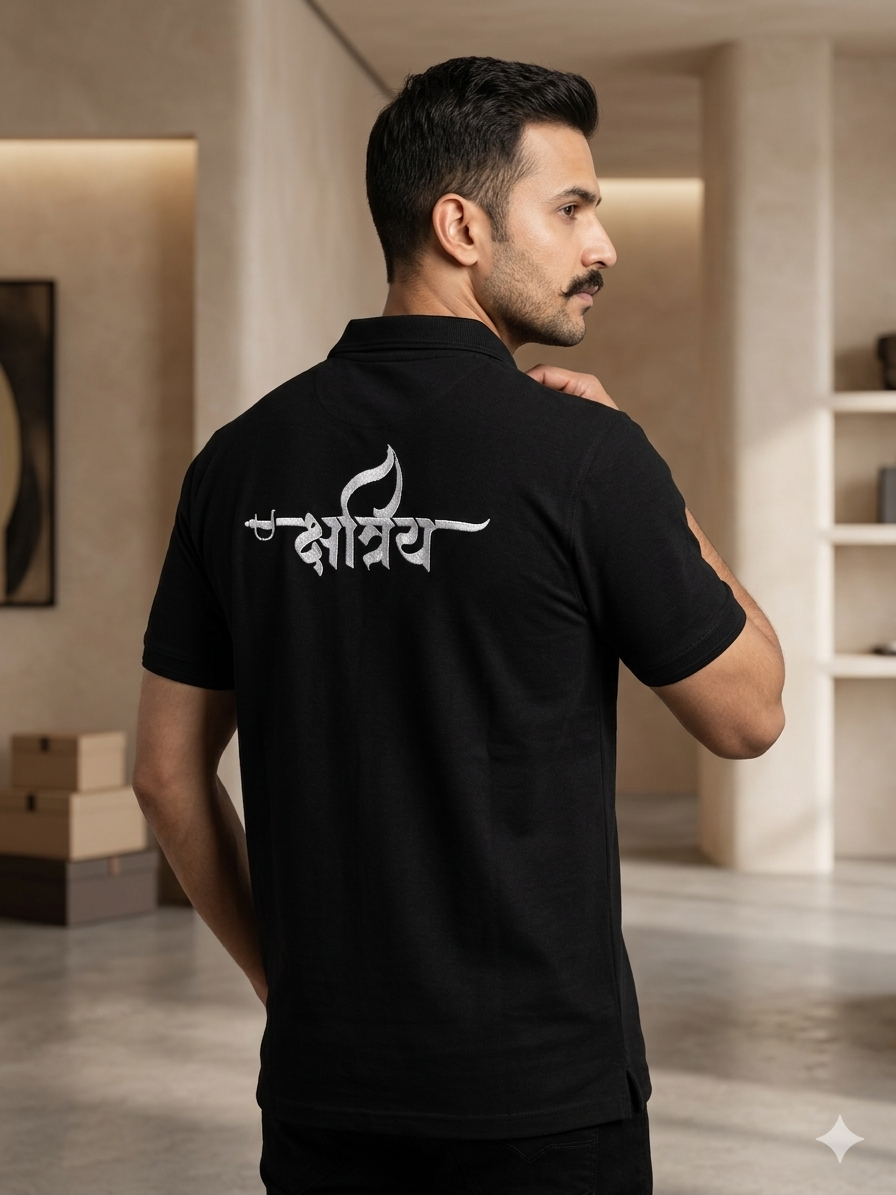 VVM Vastra Kshatriya Premium Embroidered Black Polo T-Shirt - Heavy Cotton with Silver Shine
