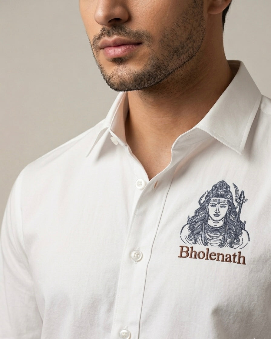 VVM Vastra Premium White Cotton Shirt - Bholenath Detailed Machine Embroidery | Luxury Spiritual Streetwear for Men