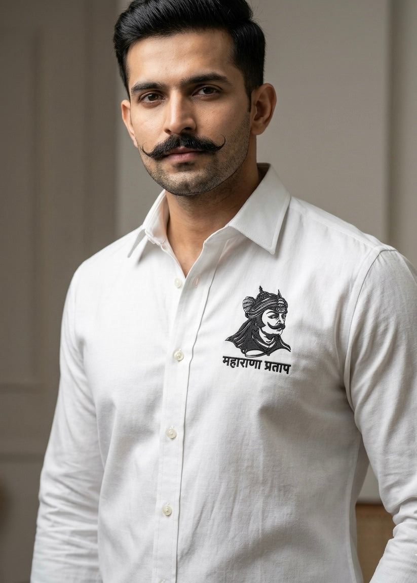 VVM Vastra Maharana Pratap Premium Cotton Shirt - Rajputana Pride Embroidery | Heavy Cotton Graphic Shirt for Men