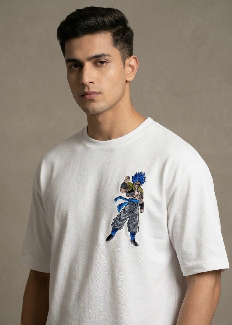 Goku Anime Embroidery White Oversized T-Shirt | VVM Vastra
