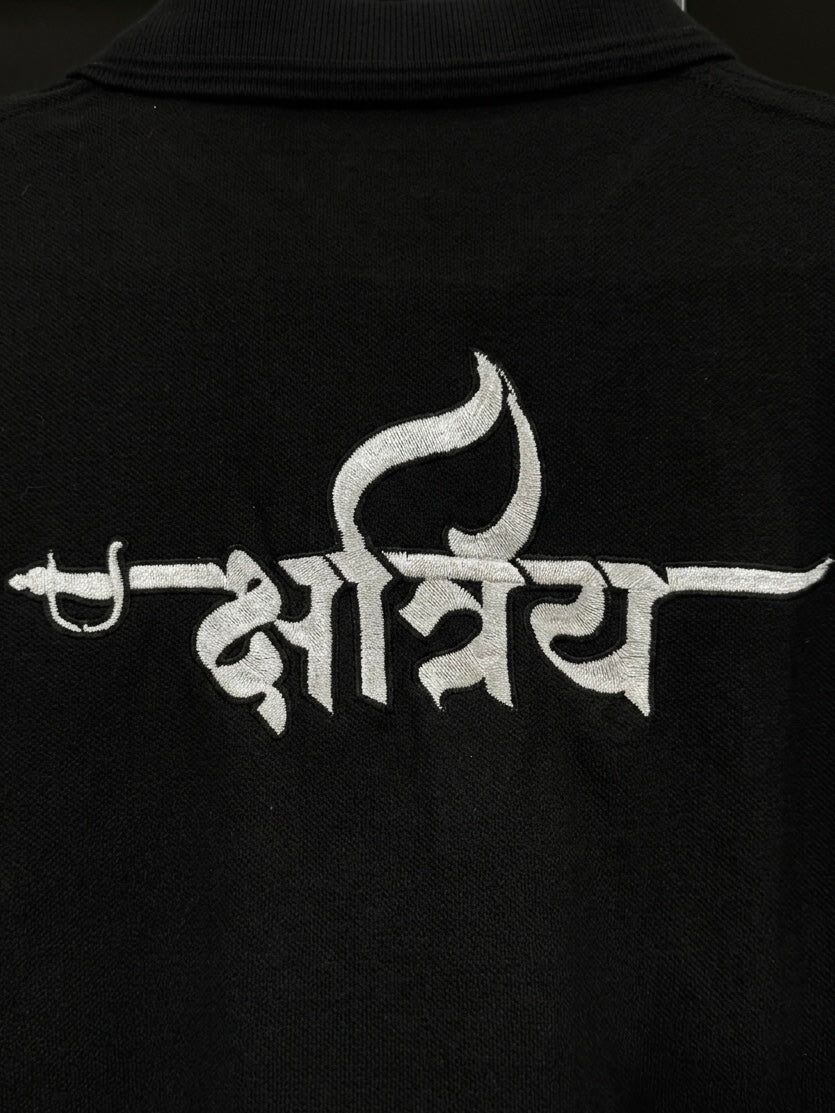 VVM Vastra Kshatriya Premium Embroidered Black Polo T-Shirt - Heavy Cotton with Silver Shine
