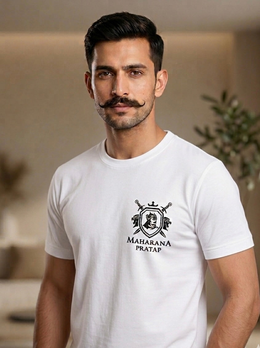 VVM Vastra Maharana Pratap Premium Cotton T-Shirt - Rajputana Pride Embroidery | Heavy Cotton Graphic Tee for Men