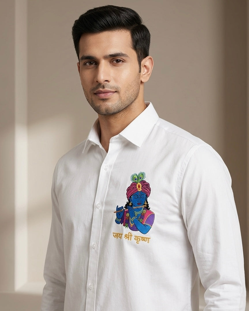 VVM Vastra Premium White Cotton Shirt - Lord Krishna Detailed Embroidery | Jai Shree Krishna Spiritual Luxury Shirt for Men