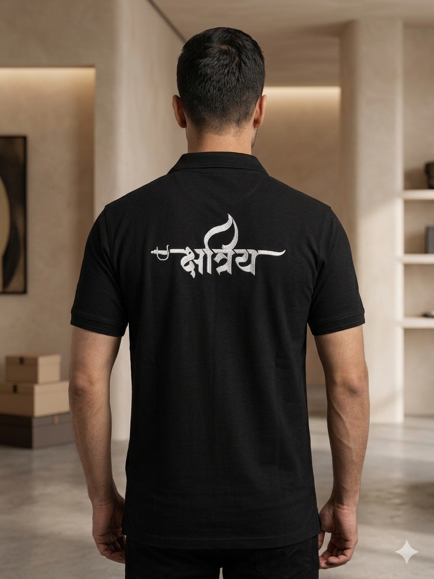 VVM Vastra Kshatriya Premium Embroidered Black Polo T-Shirt - Heavy Cotton with Silver Shine