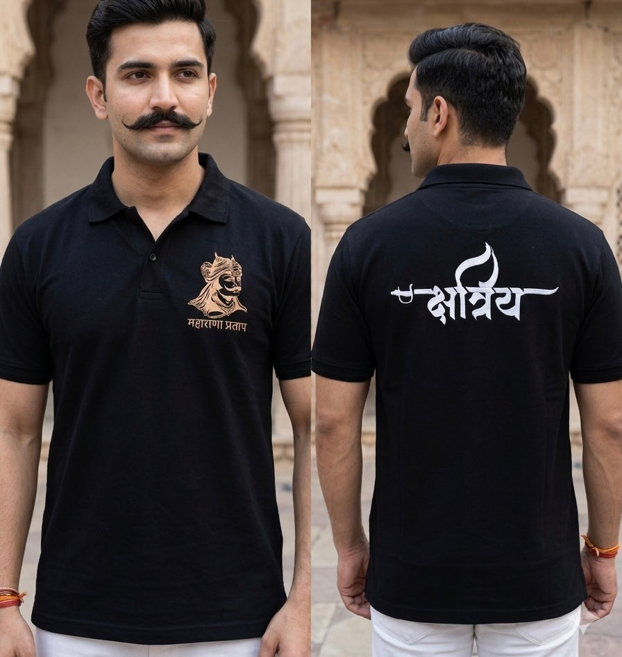 VVM Vastra Kshatriya Premium Embroidered Black Polo T-Shirt - Heavy Cotton with Silver Shine