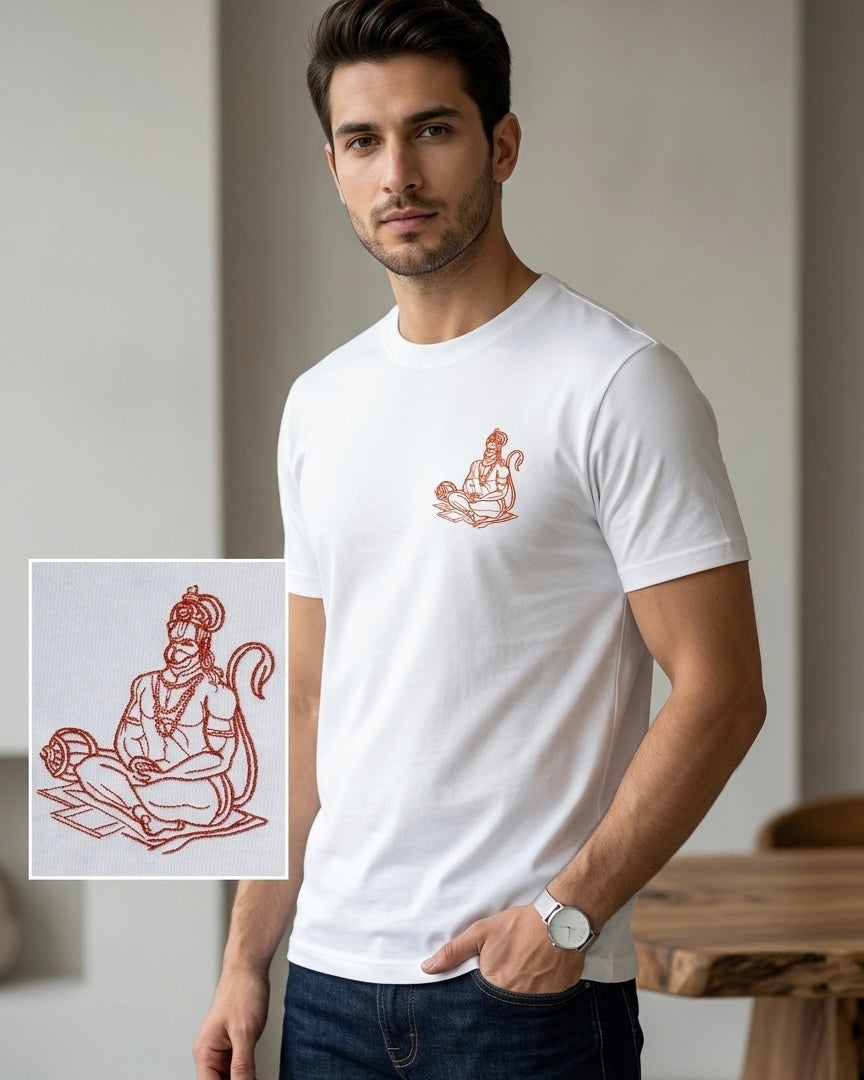 Hanuman Ji Saffron Embroidered Tee | Premium Indian Streetwear