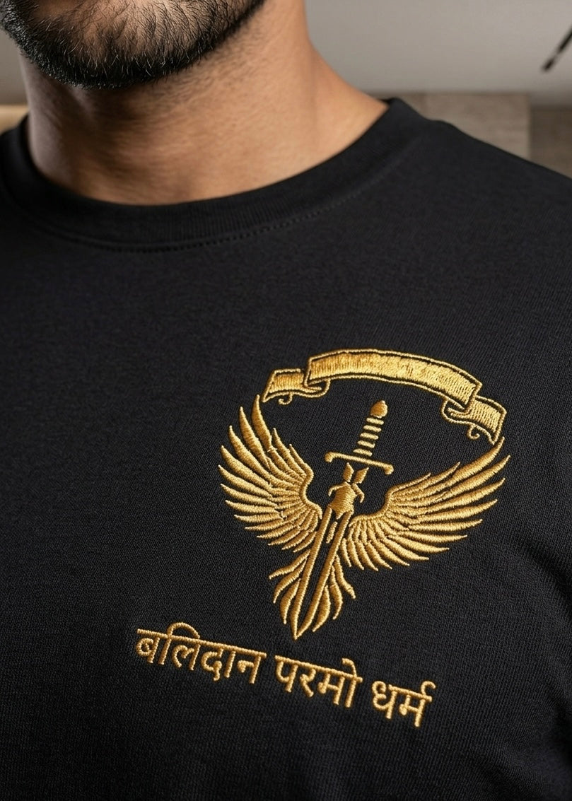 Balidan Param Dharma T-Shirt - Premium Embroidered Indian Special Forces Tee | Black Graphic T-Shirt for Men by VVM Vastra