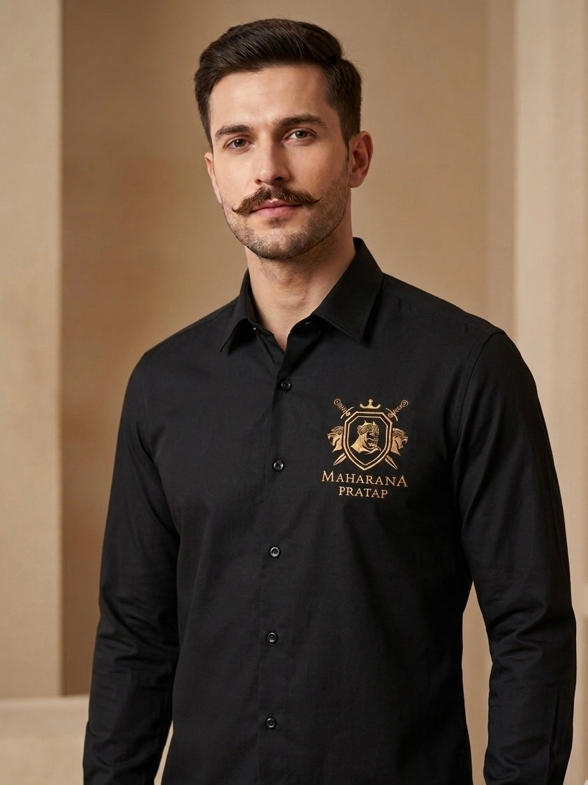 VVM Vastra Maharana Pratap Premium Cotton Shirt - Rajputana Pride Embroidery | Heavy Cotton Graphic Shirt for Men