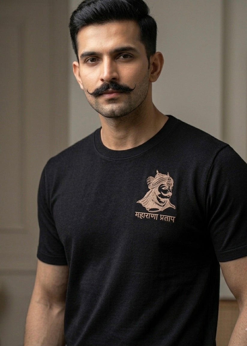 VVM Vastra Maharana Pratap Premium Cotton T-Shirt - Rajputana Pride Embroidery | Heavy Cotton Graphic Tee for Men