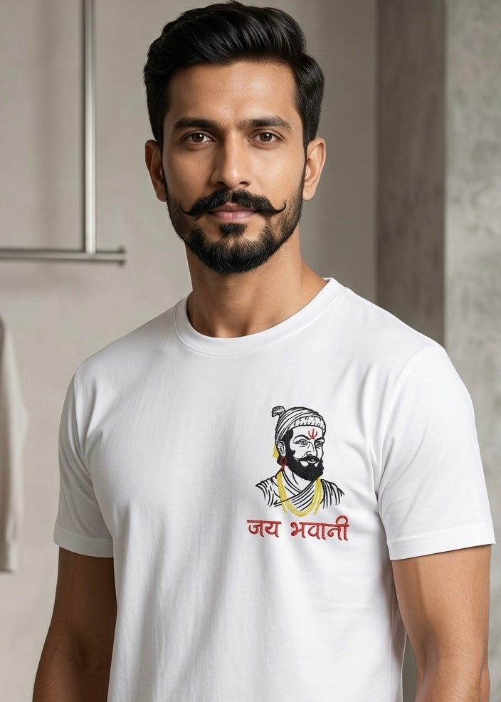 Chhatrapati Shivaji Maharaj Premium Machine Embroidery Round Neck T-Shirt | 100% Pure Cotton Luxury Wear by VVM Vastra