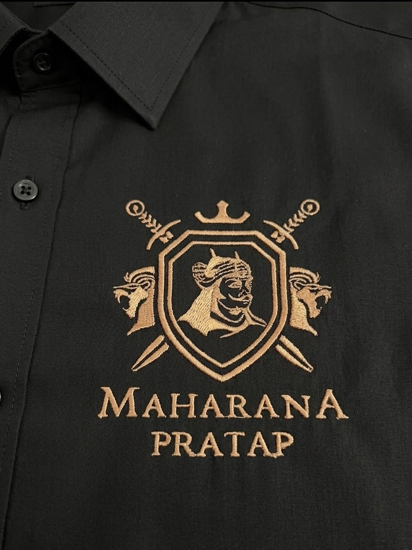 VVM Vastra Maharana Pratap Premium Cotton Shirt - Rajputana Pride Embroidery | Heavy Cotton Graphic Shirt for Men