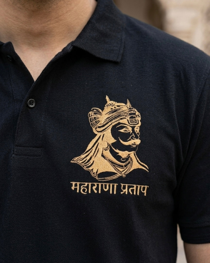 VVM Vastra Kshatriya Premium Embroidered Black Polo T-Shirt - Heavy Cotton with Silver Shine