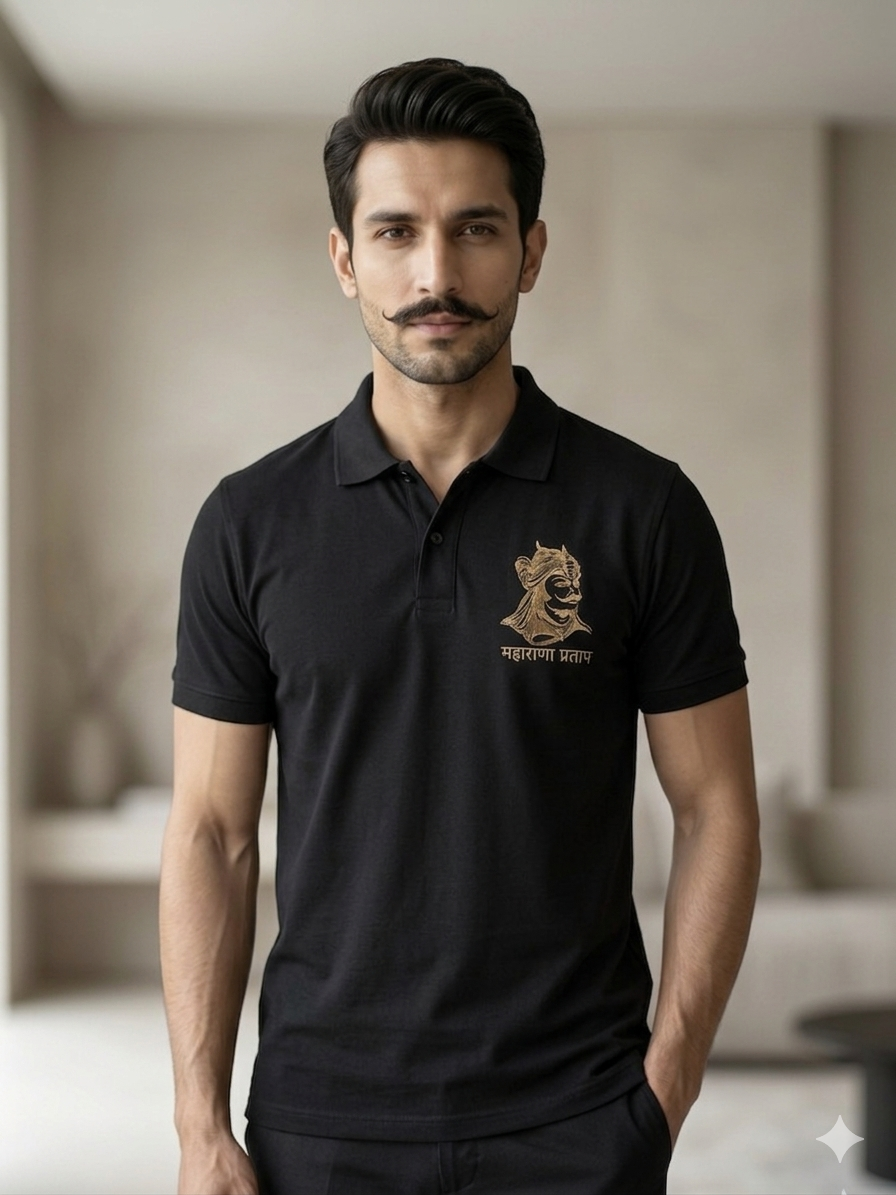VVM Vastra Kshatriya Premium Embroidered Black Polo T-Shirt - Heavy Cotton with Silver Shine