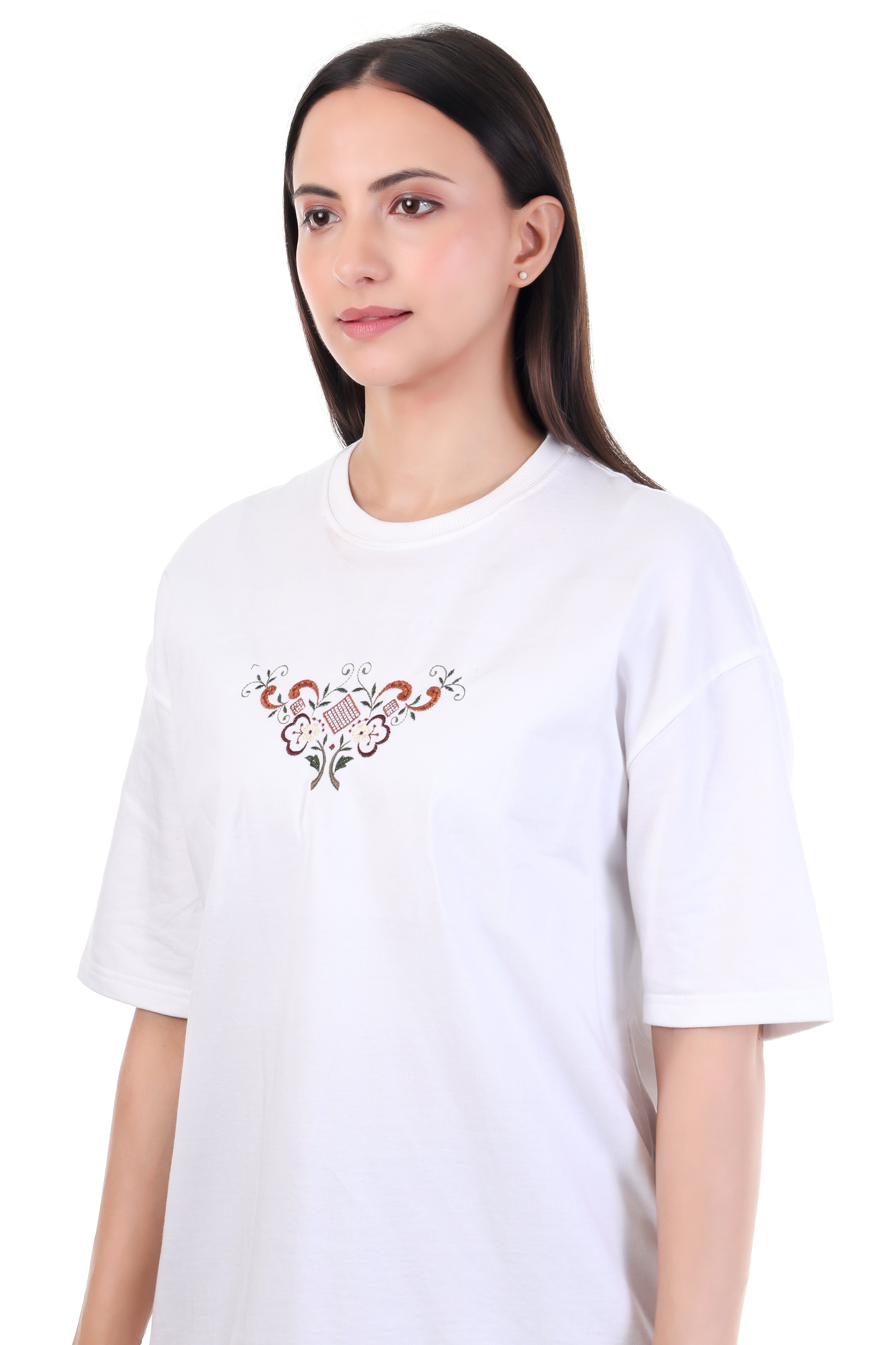 Endless Bloom – White Floral Embroidered T-Shirt for Women