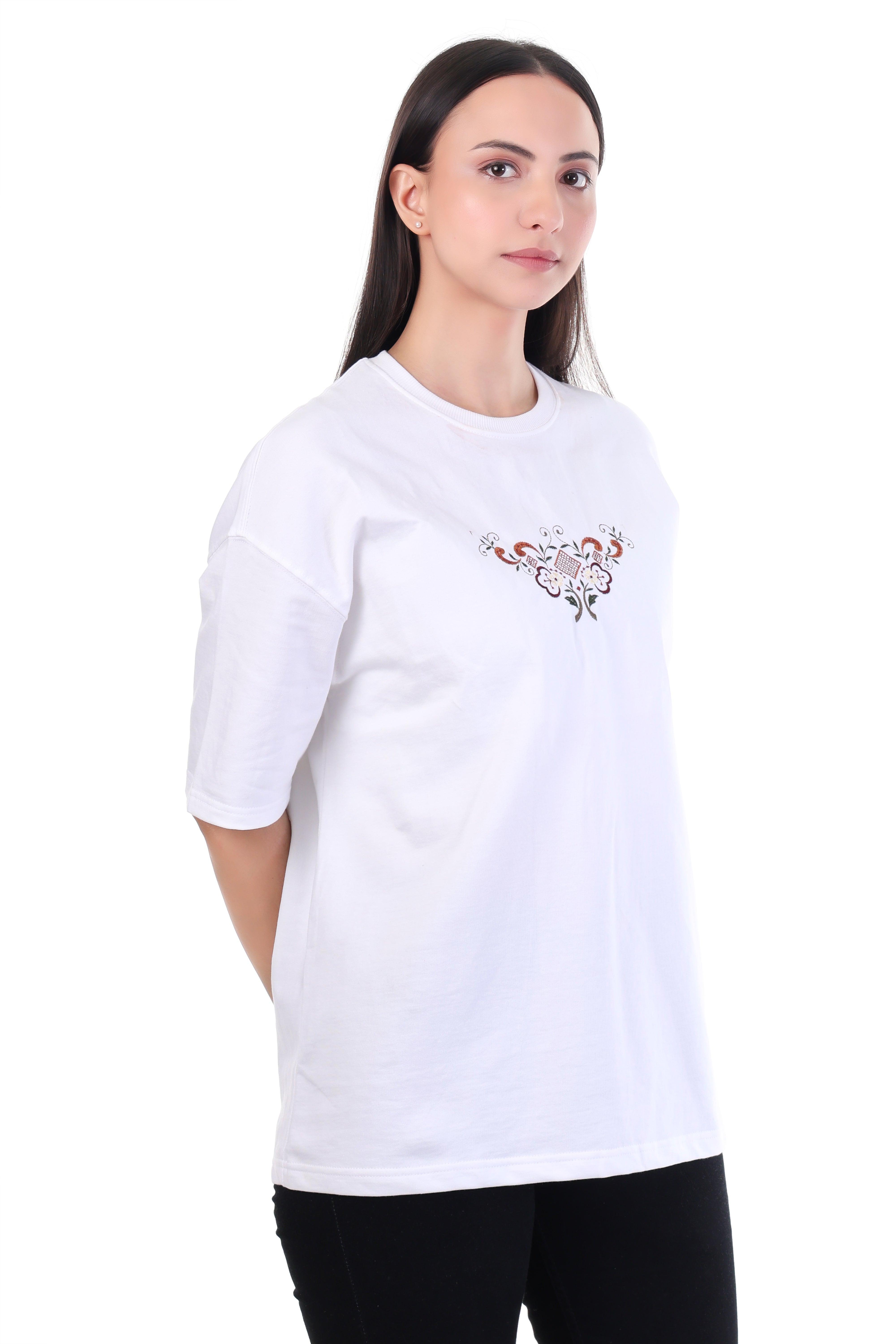 Endless Bloom – White Floral Embroidered T-Shirt for Women