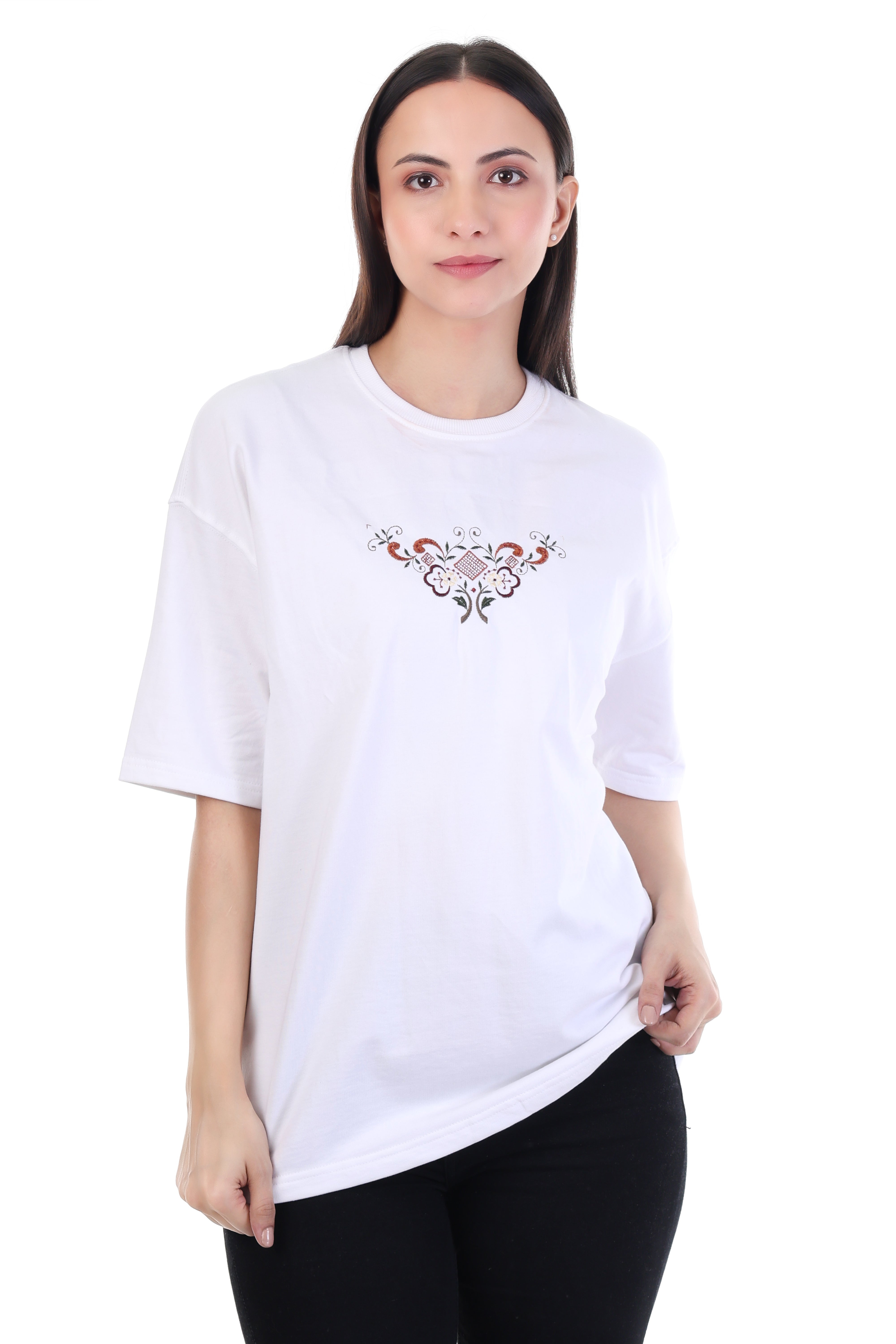 Endless Bloom – White Floral Embroidered T-Shirt for Women