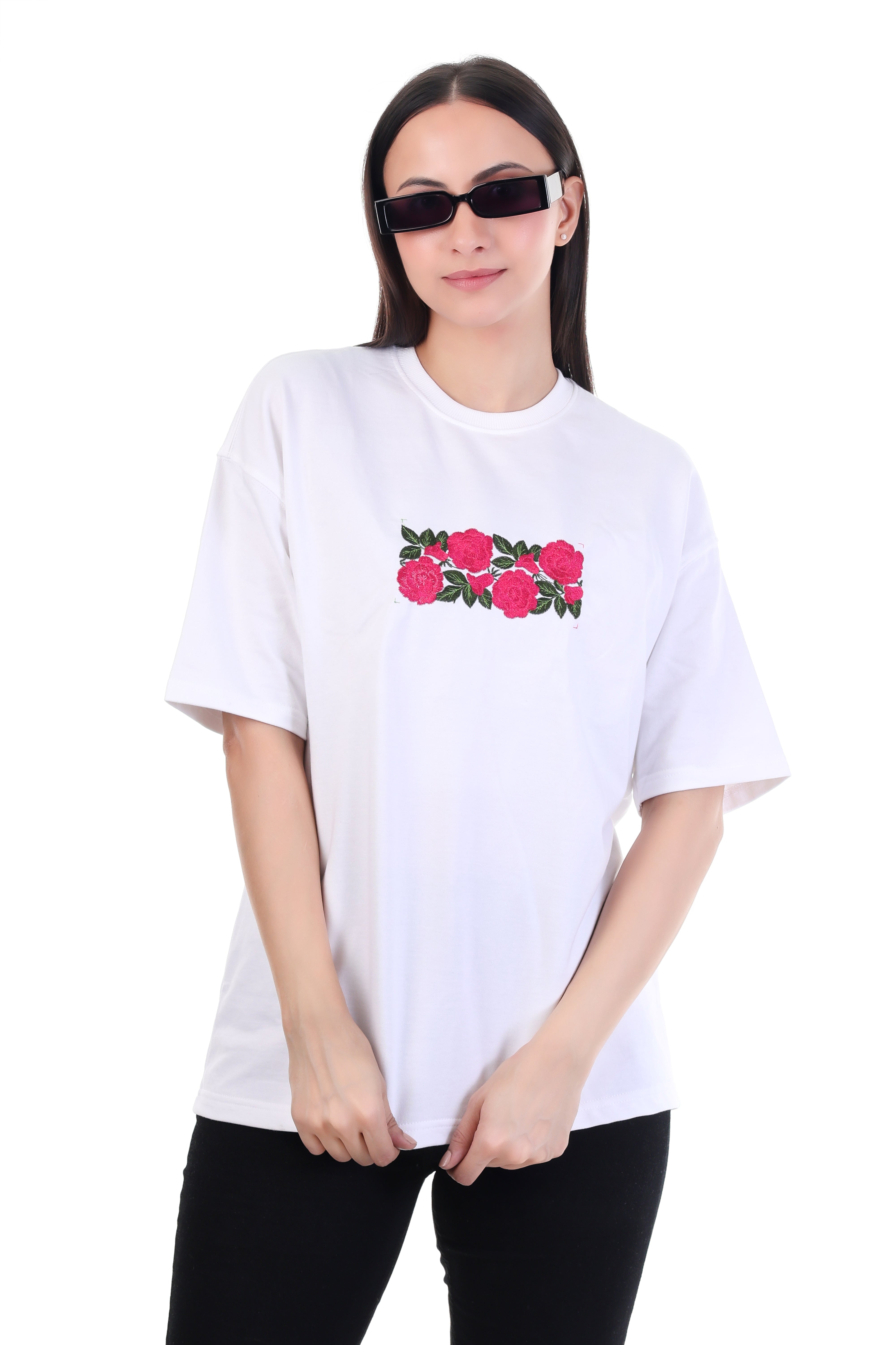 Floral Grace â White Embroidered T-Shirt for Women