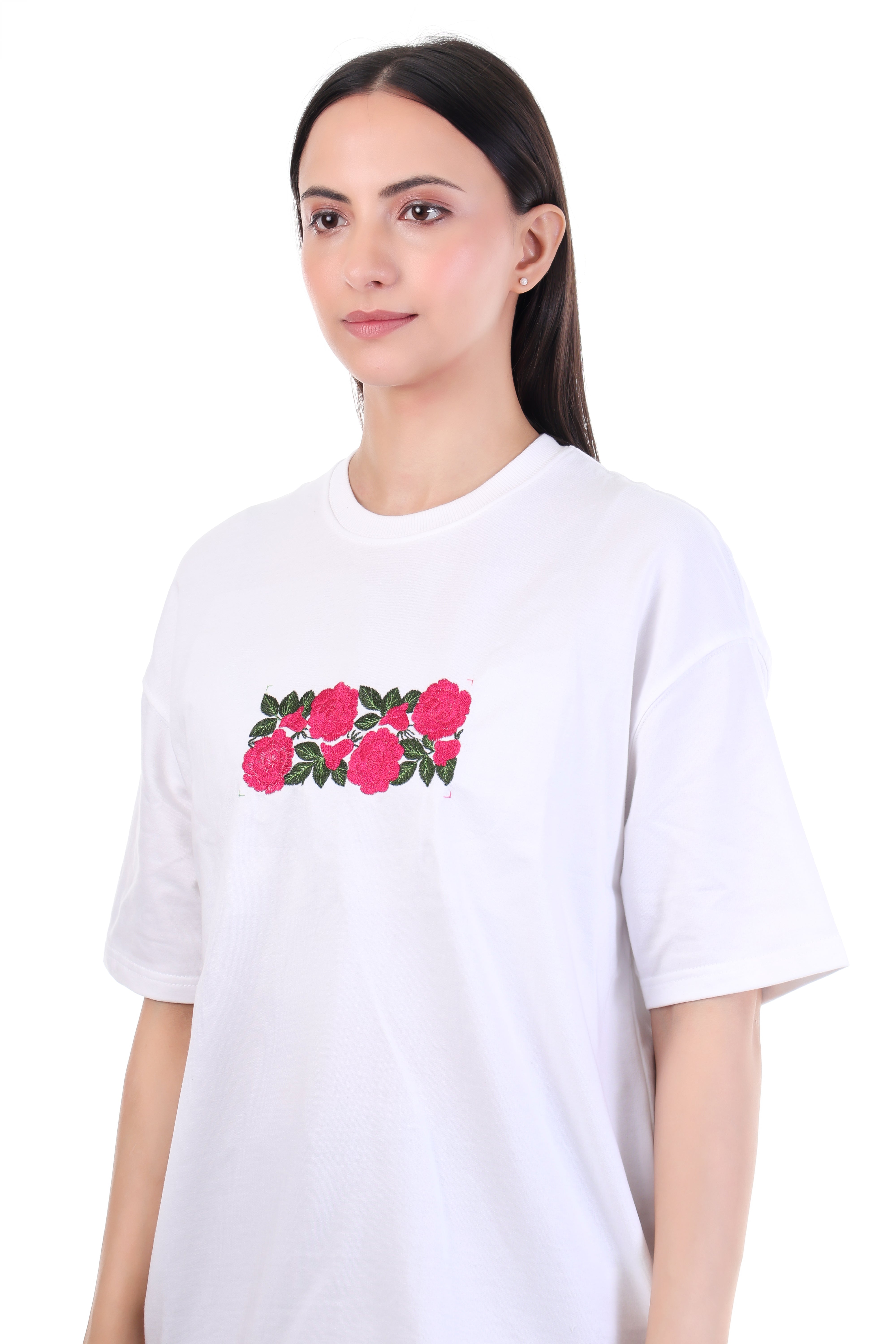 Floral Grace – White Embroidered T-Shirt for Women