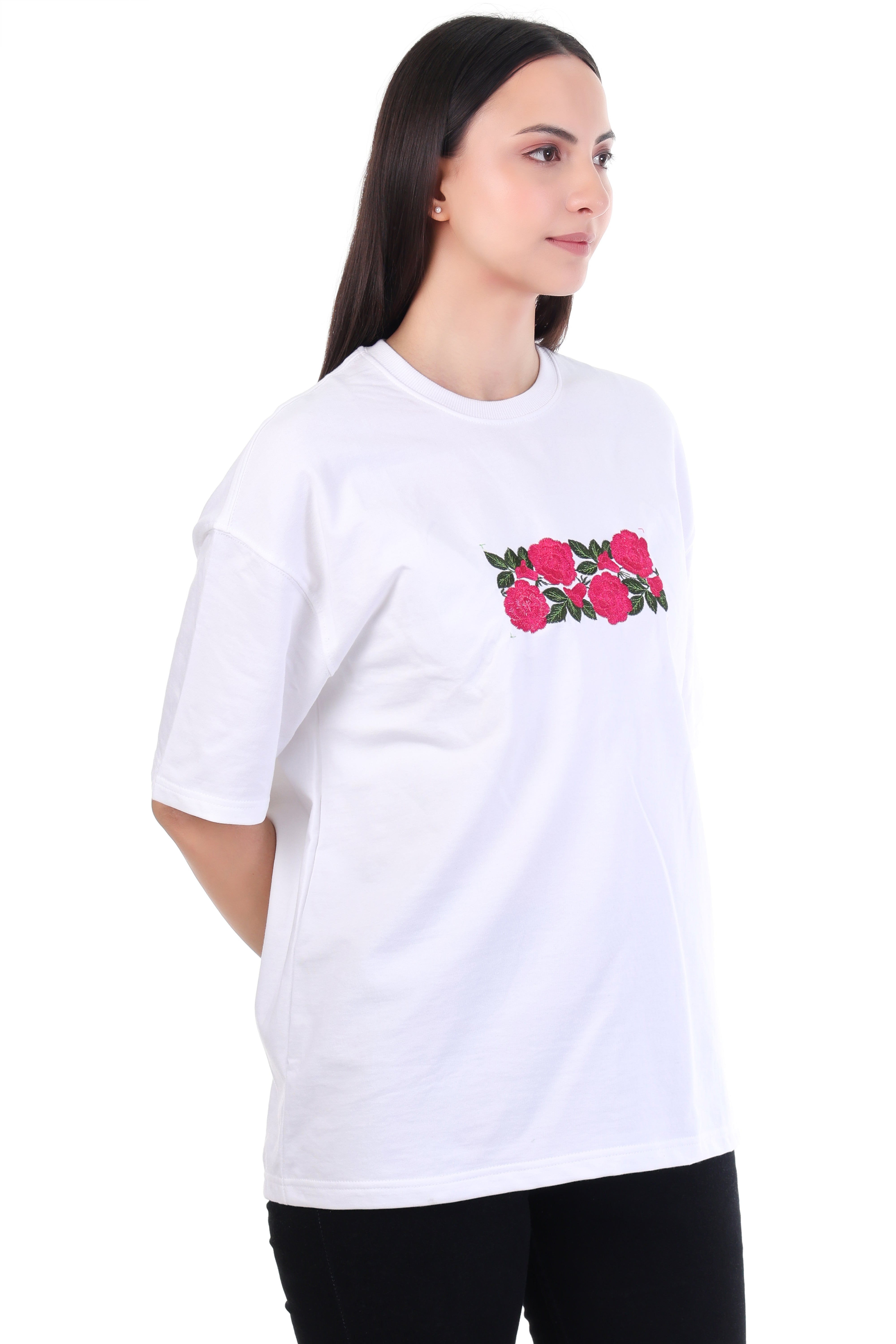 Floral Grace – White Embroidered T-Shirt for Women