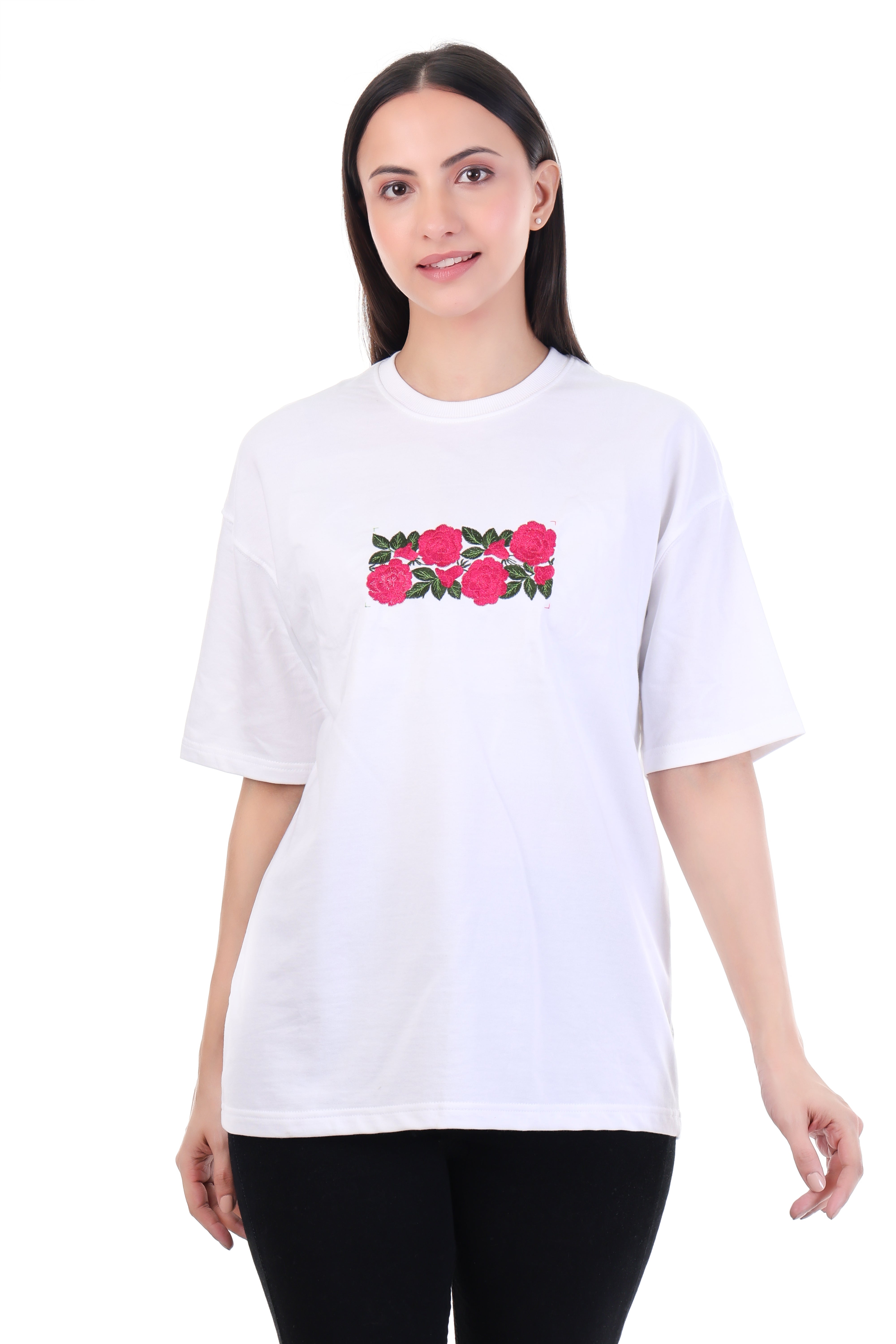Floral Grace – White Embroidered T-Shirt for Women