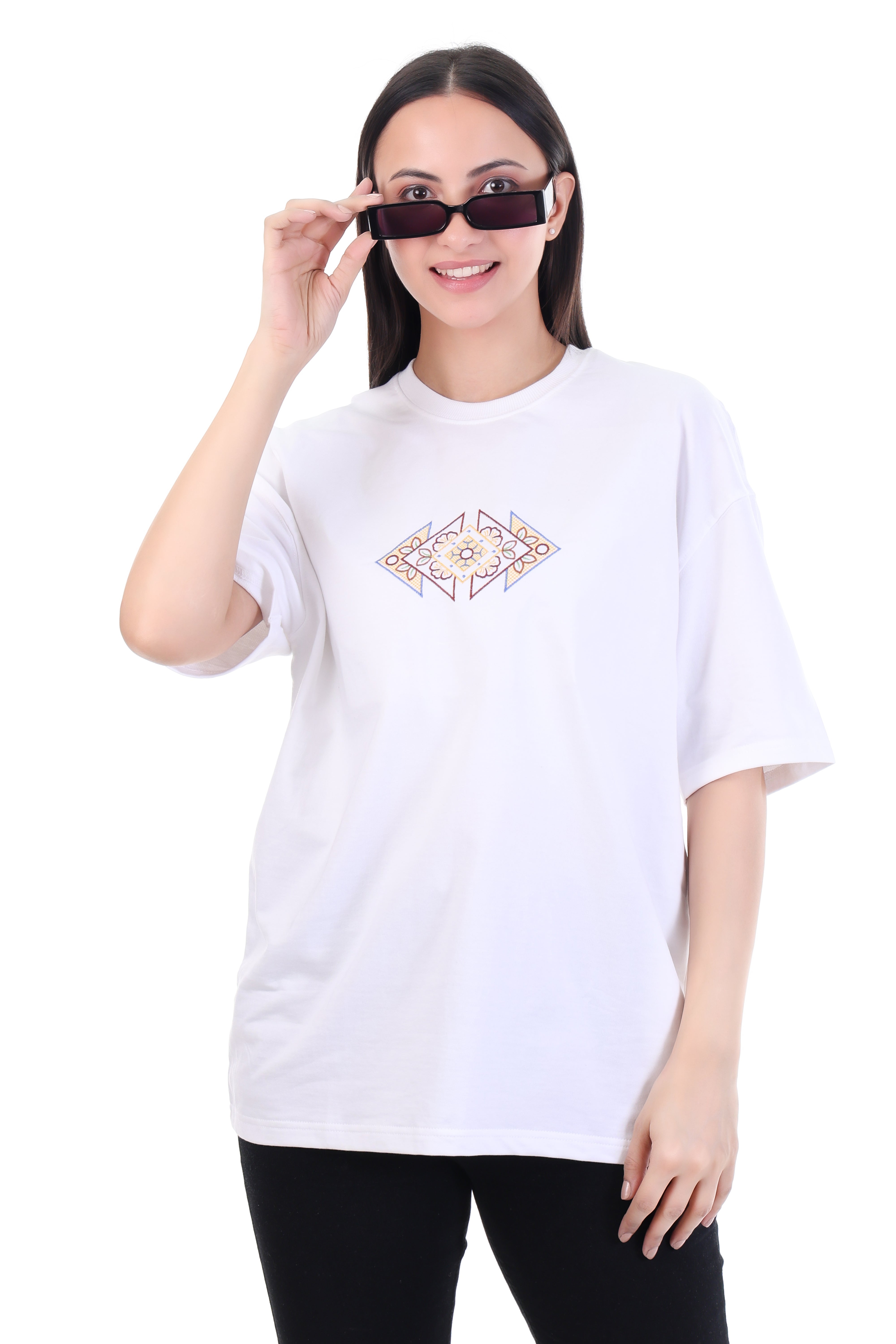 GeoBloom â White Geometric Floral Embroidered T-Shirt for Women | VVM Vastra