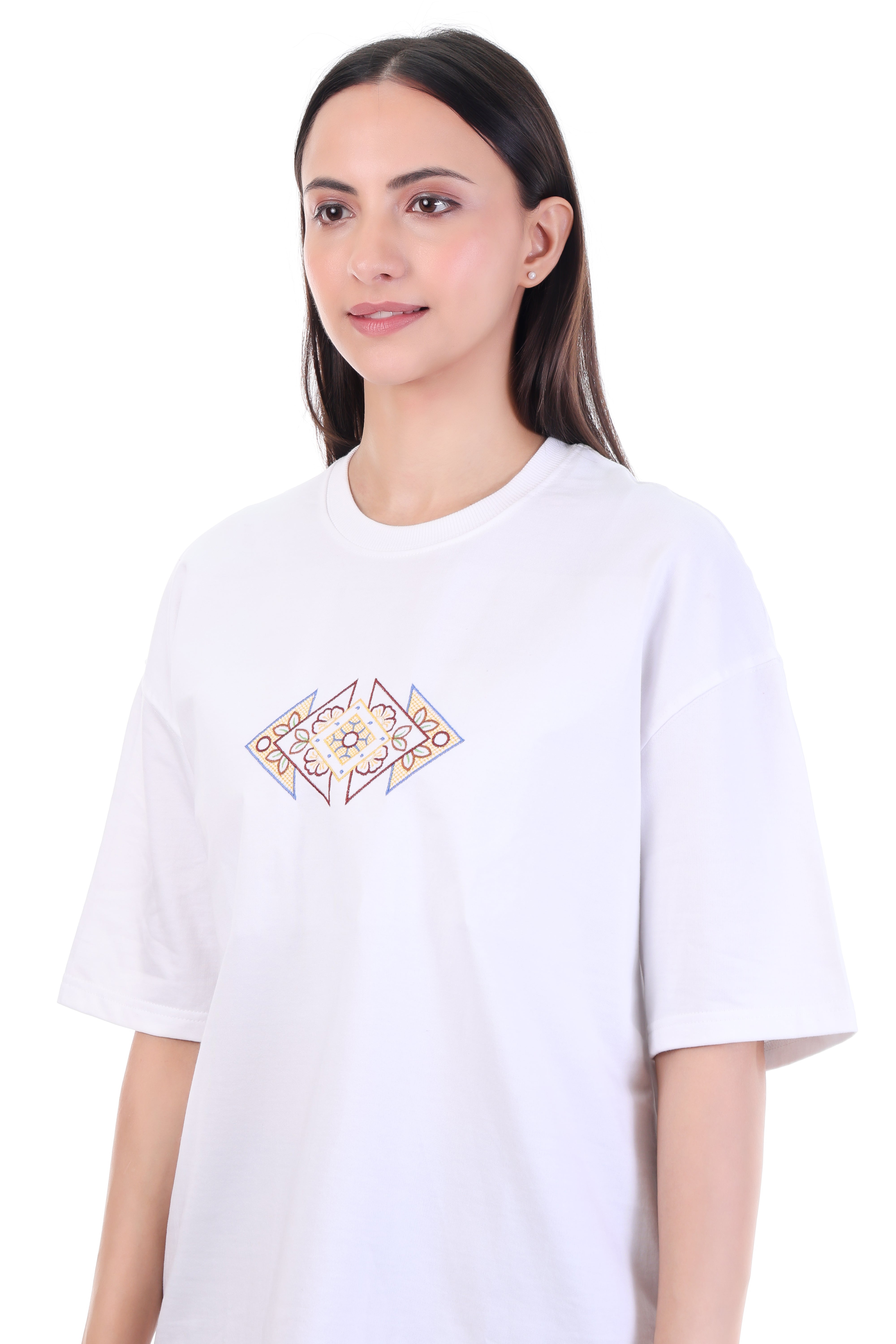 GeoBloom – White Geometric Floral Embroidered T-Shirt for Women | VVM Vastra