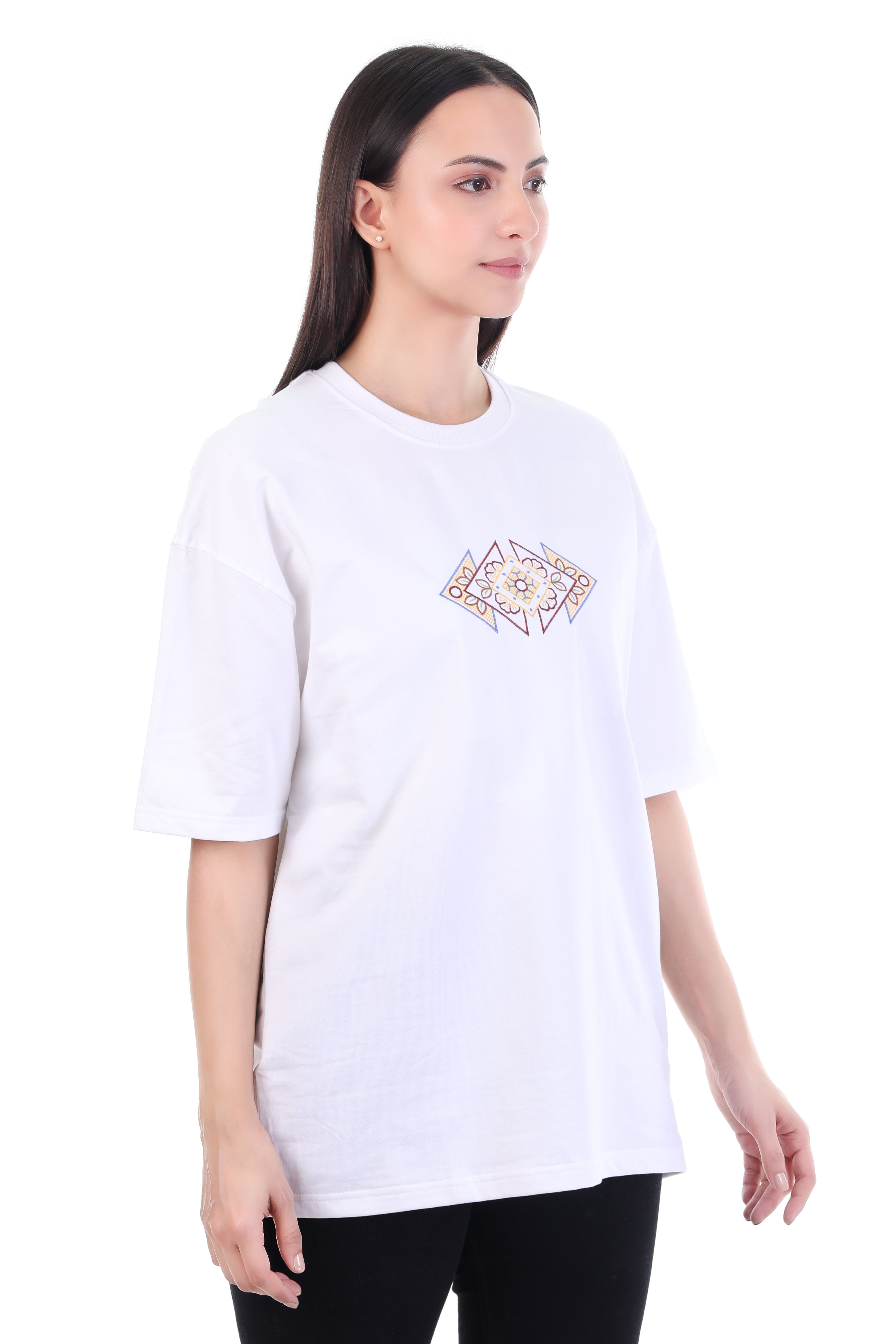 GeoBloom – White Geometric Floral Embroidered T-Shirt for Women | VVM Vastra