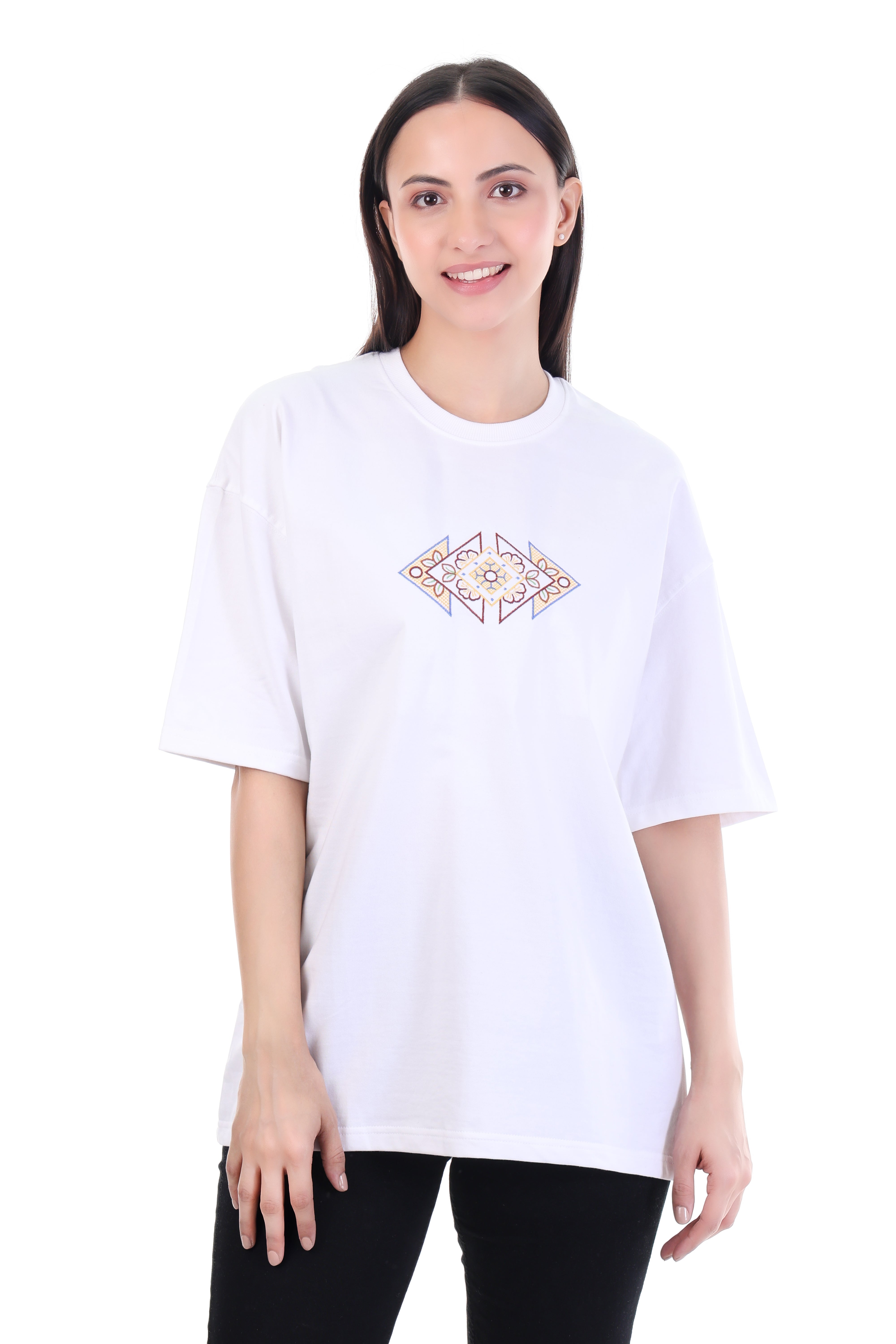 GeoBloom – White Geometric Floral Embroidered T-Shirt for Women | VVM Vastra
