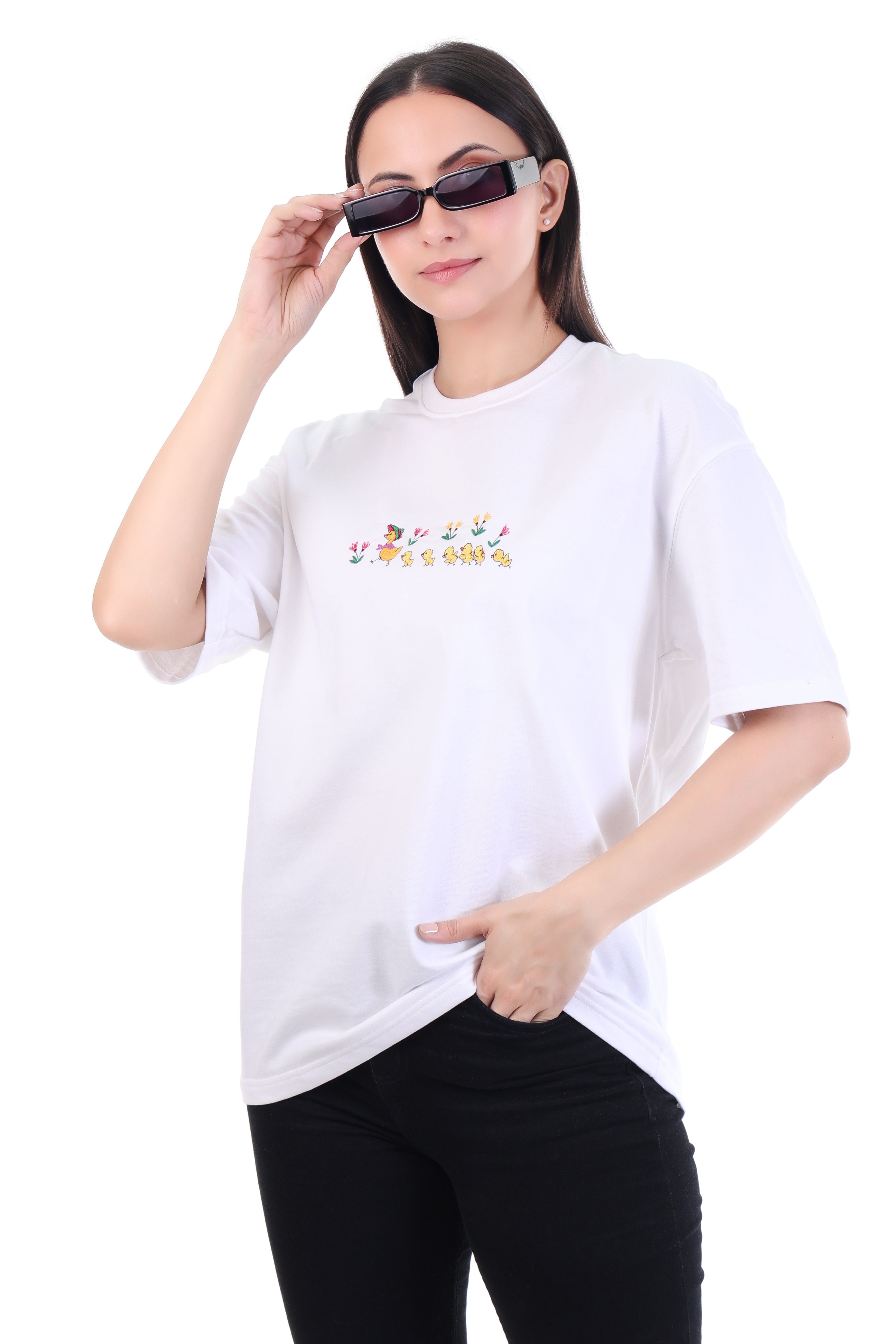 Playful Flight â White Embroidered Duck Motif T-Shirt for Women | VVM Vastra