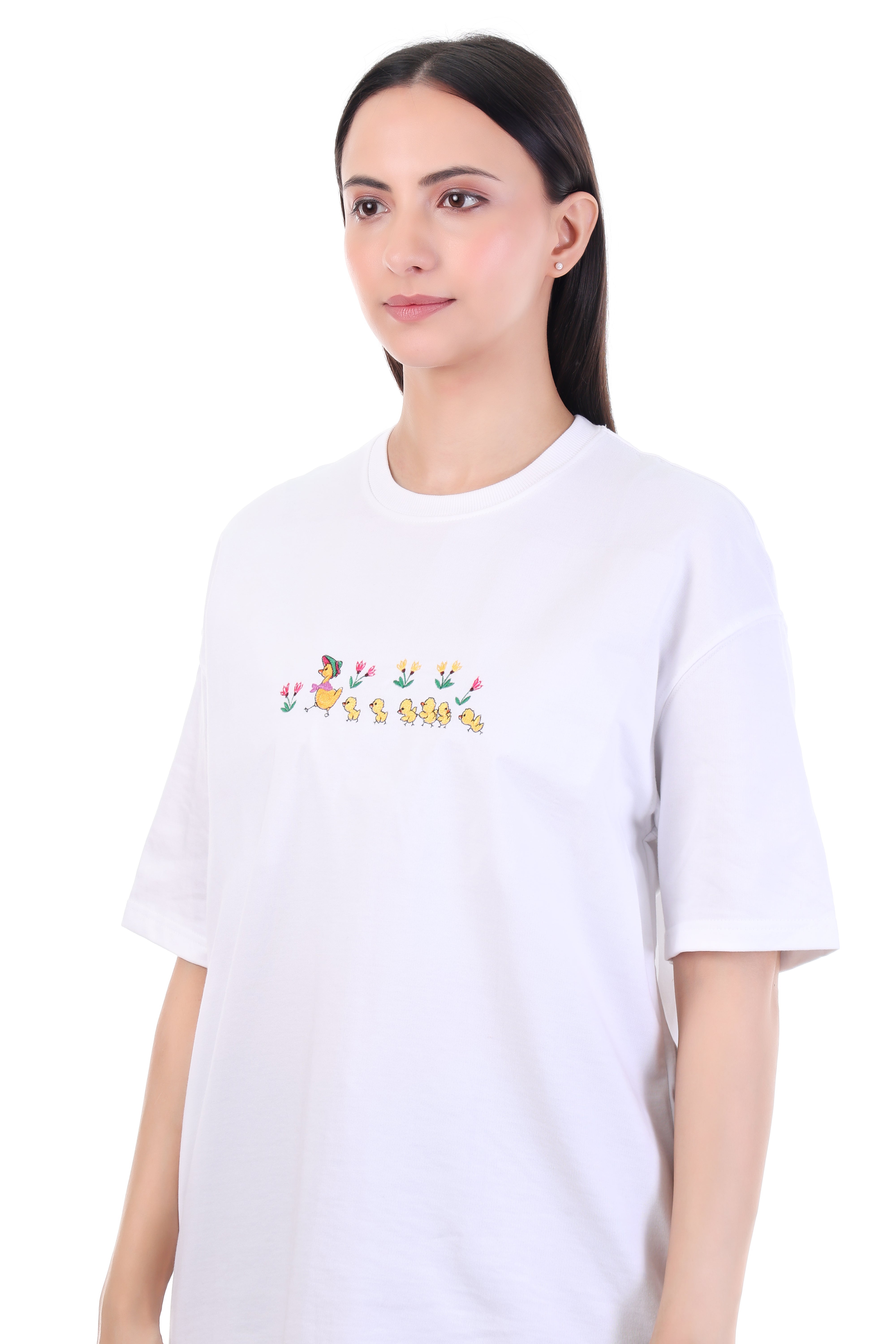 Playful Flight – White Embroidered Duck Motif T-Shirt for Women | VVM Vastra