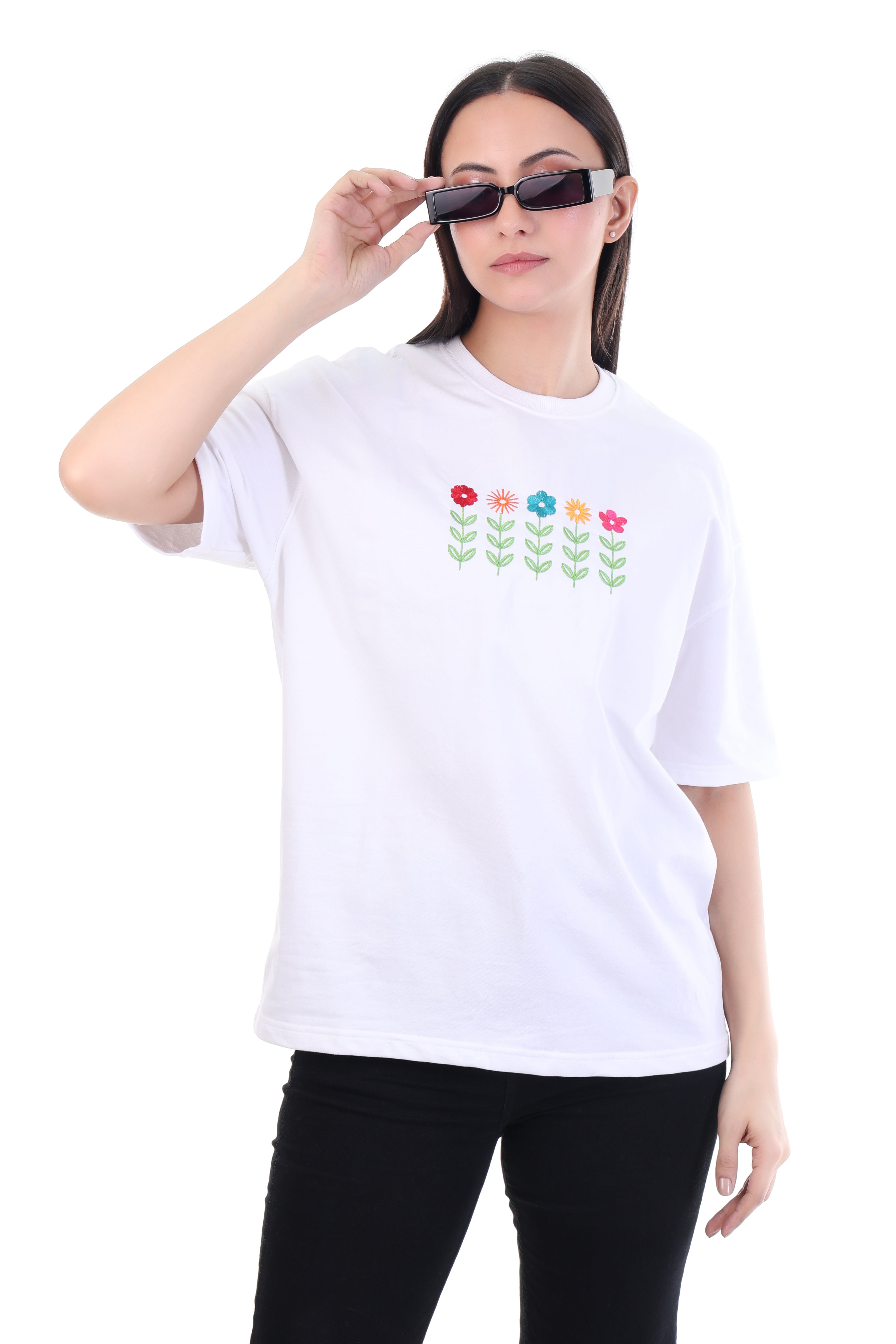 Endless Flowers â White Embroidered Floral T-Shirt for Women | VVM Vastra