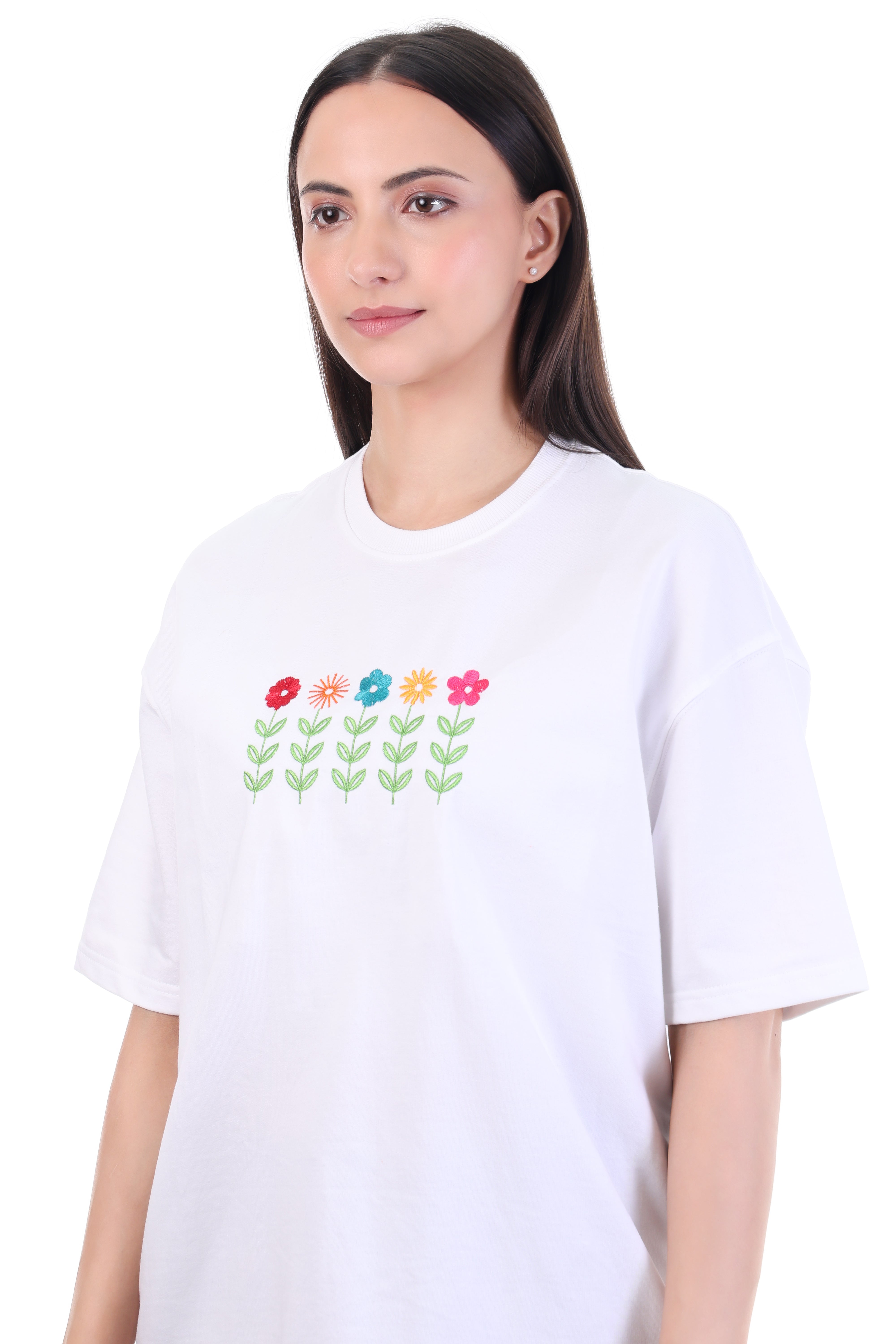 Endless Flowers – White Embroidered Floral T-Shirt for Women | VVM Vastra