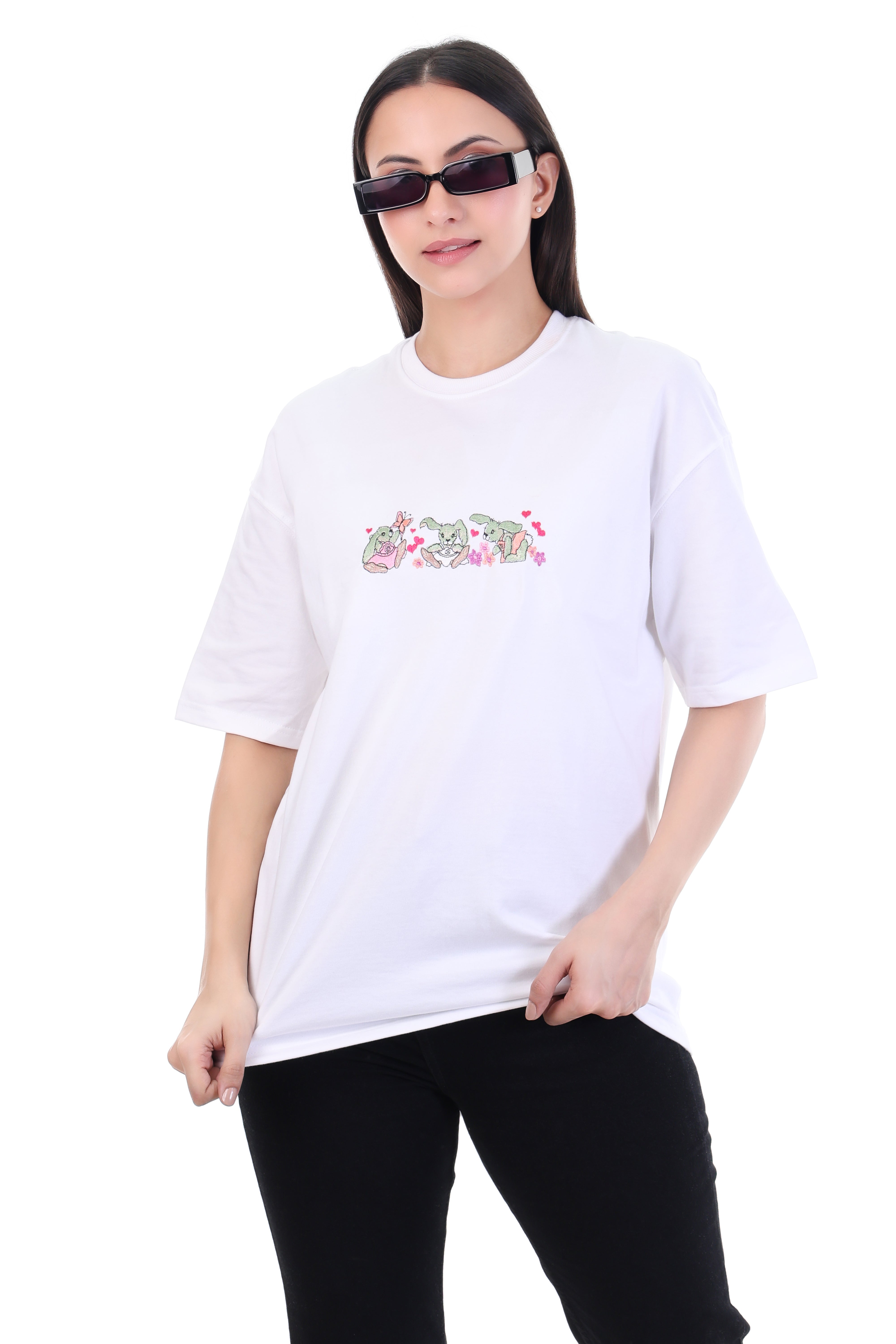 Whimsical Leap â White Embroidered Rabbit T-Shirt for Women | VVM Vastra