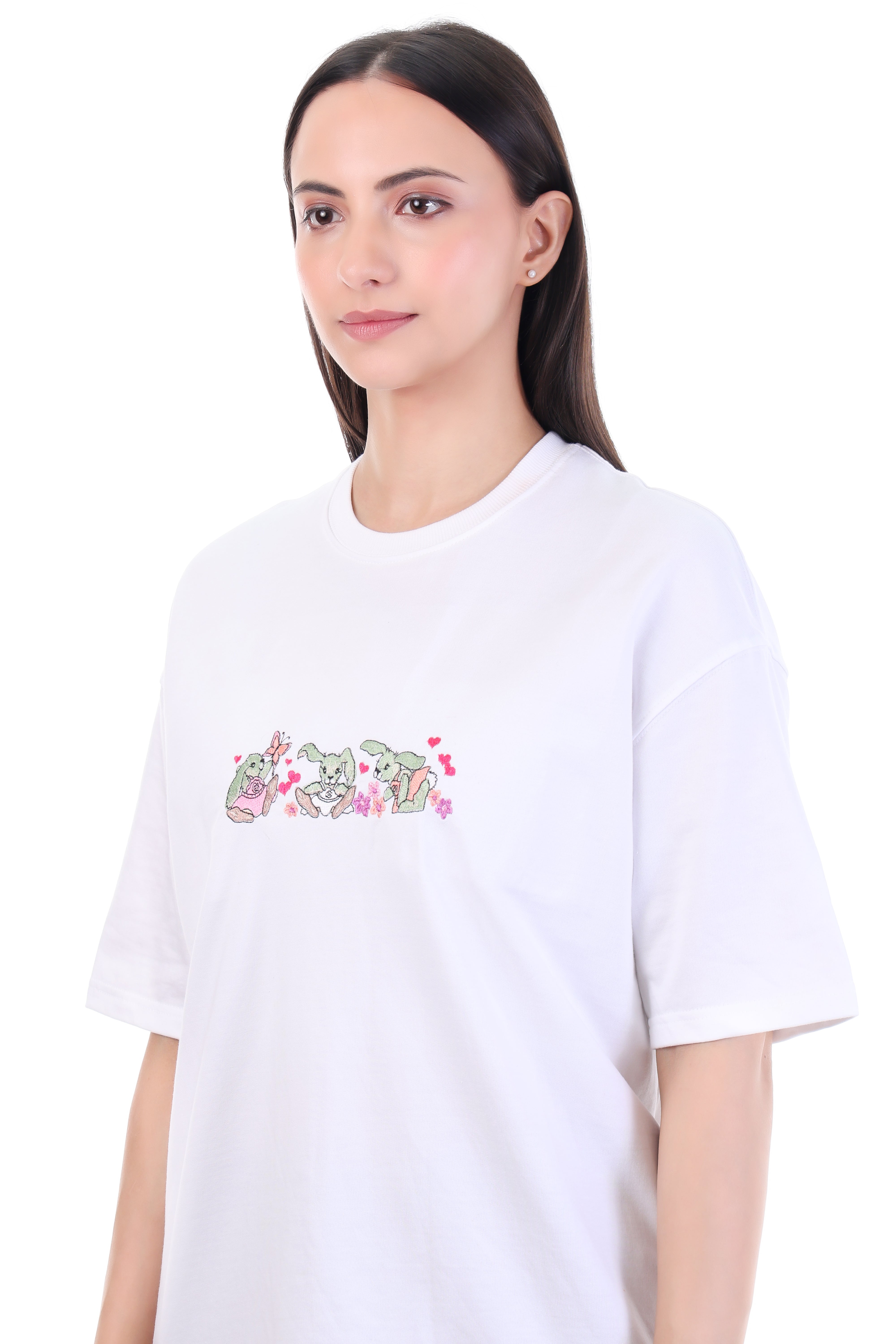 Whimsical Leap – White Embroidered Rabbit T-Shirt for Women | VVM Vastra