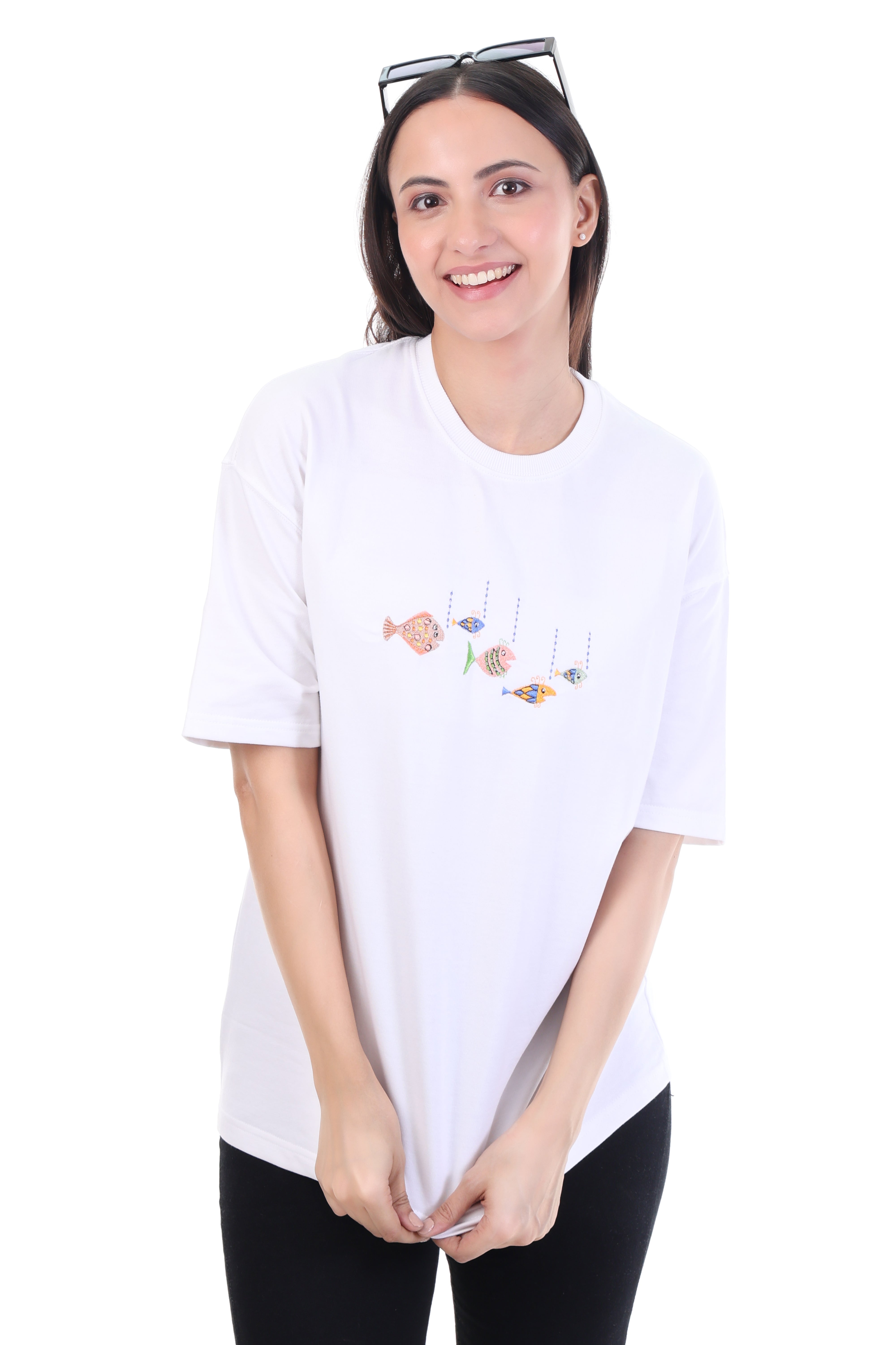 Drift & Flow â White Embroidered Floating Fish T-Shirt for Women | VVM Vastra