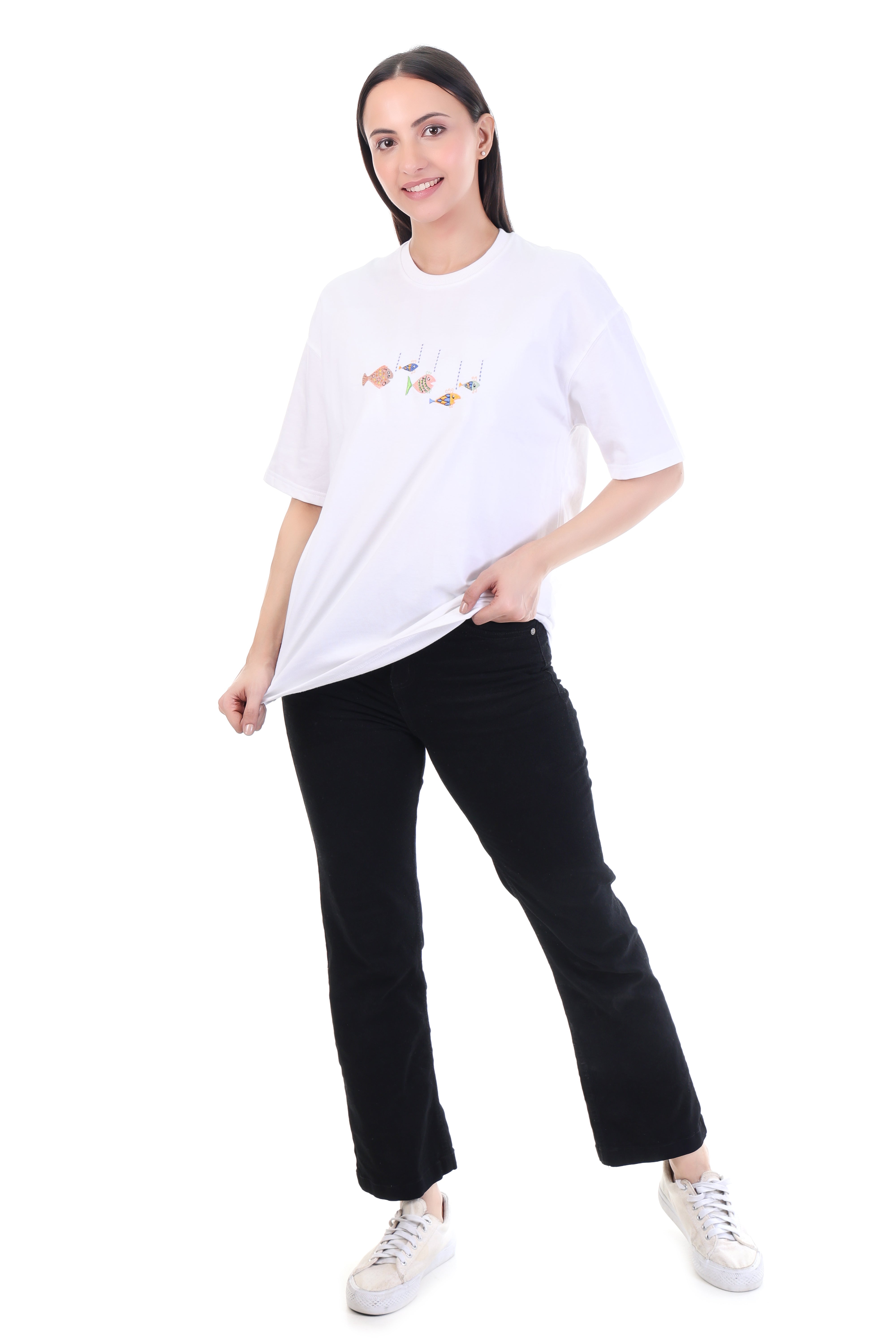 Drift & Flow – White Embroidered Floating Fish T-Shirt for Women | VVM Vastra