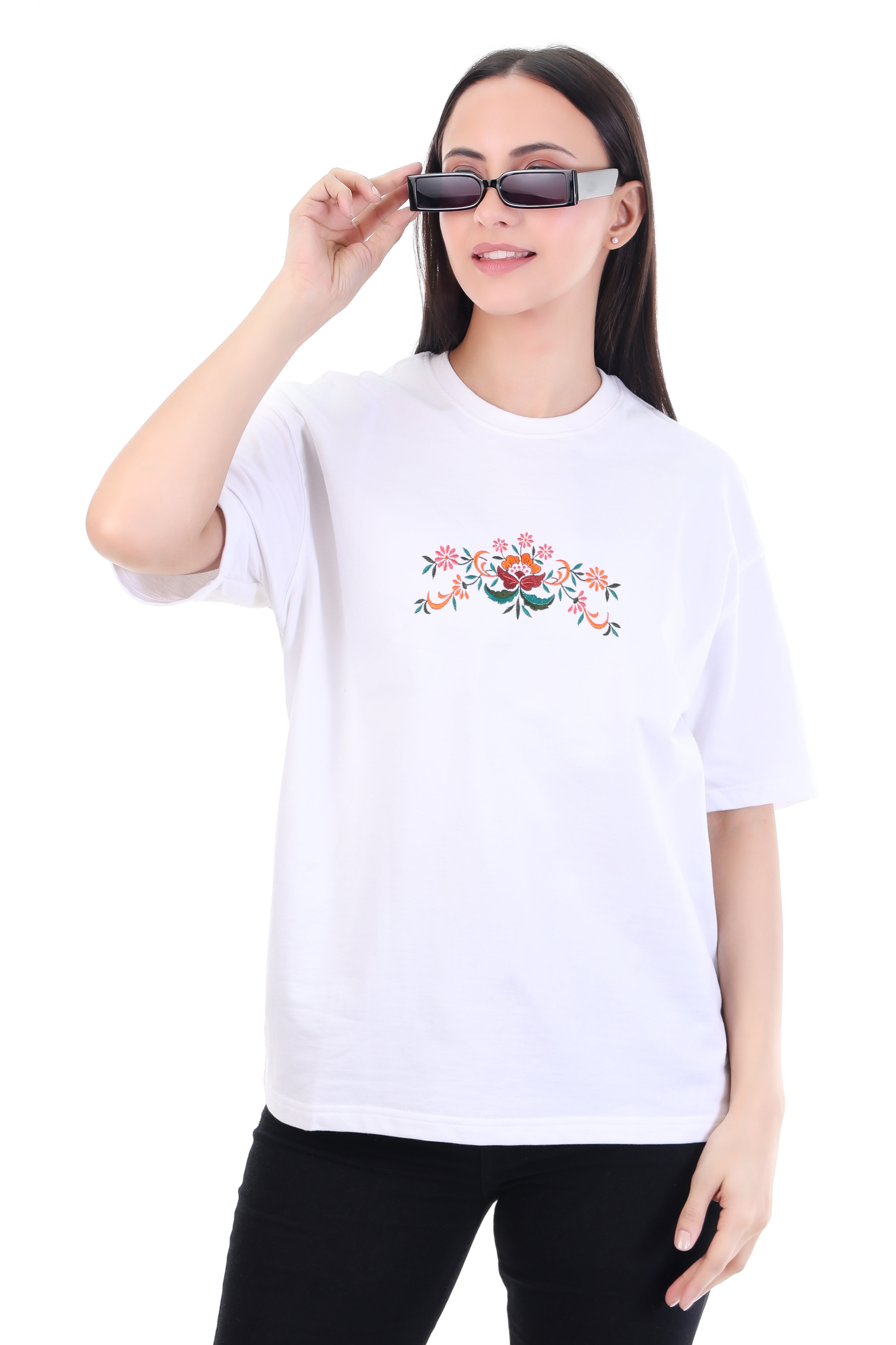 Ornate Bloom â White Floral Embroidered T-Shirt for Women | VVM Vastra