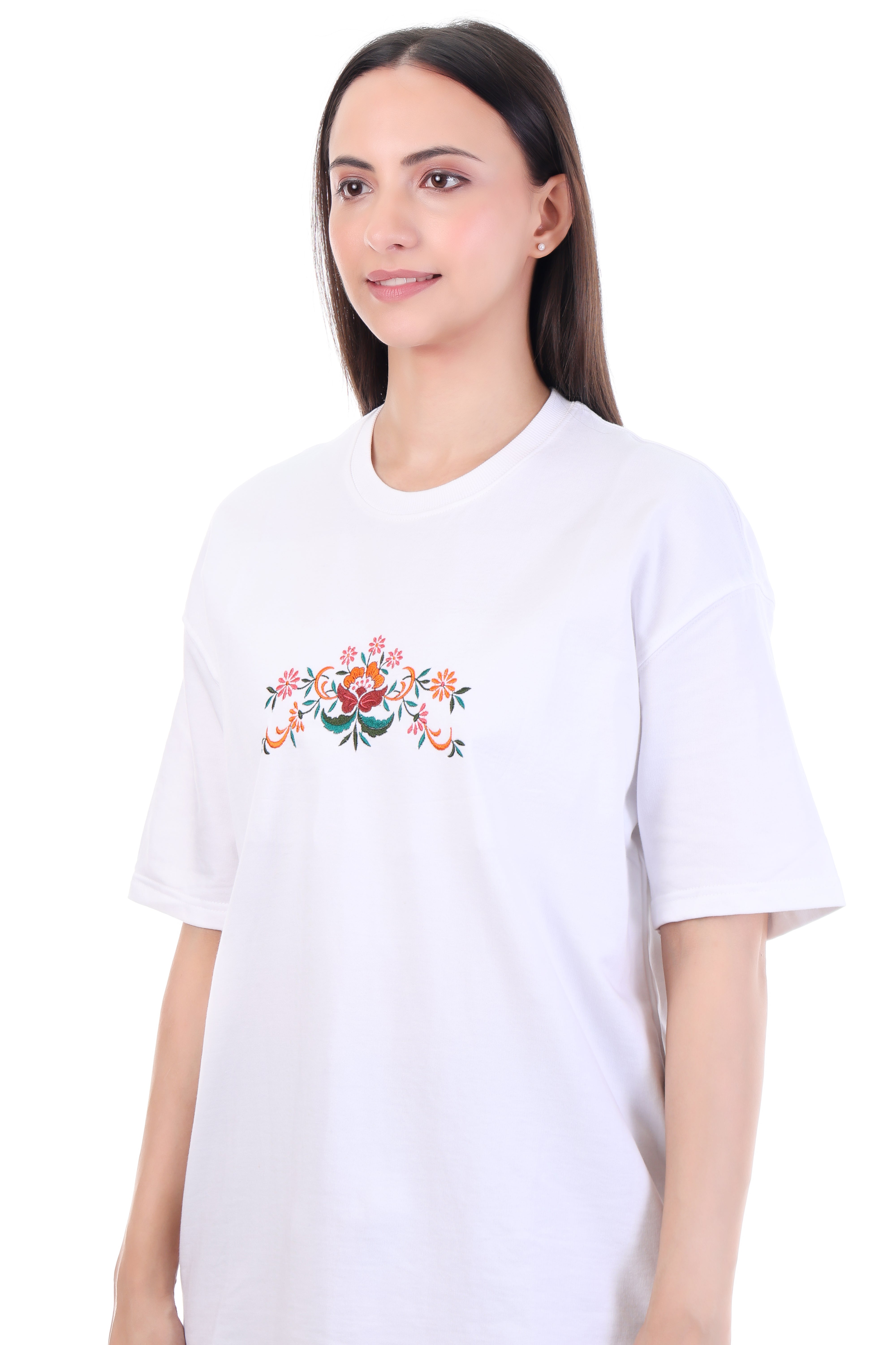 Ornate Bloom – White Floral Embroidered T-Shirt for Women | VVM Vastra