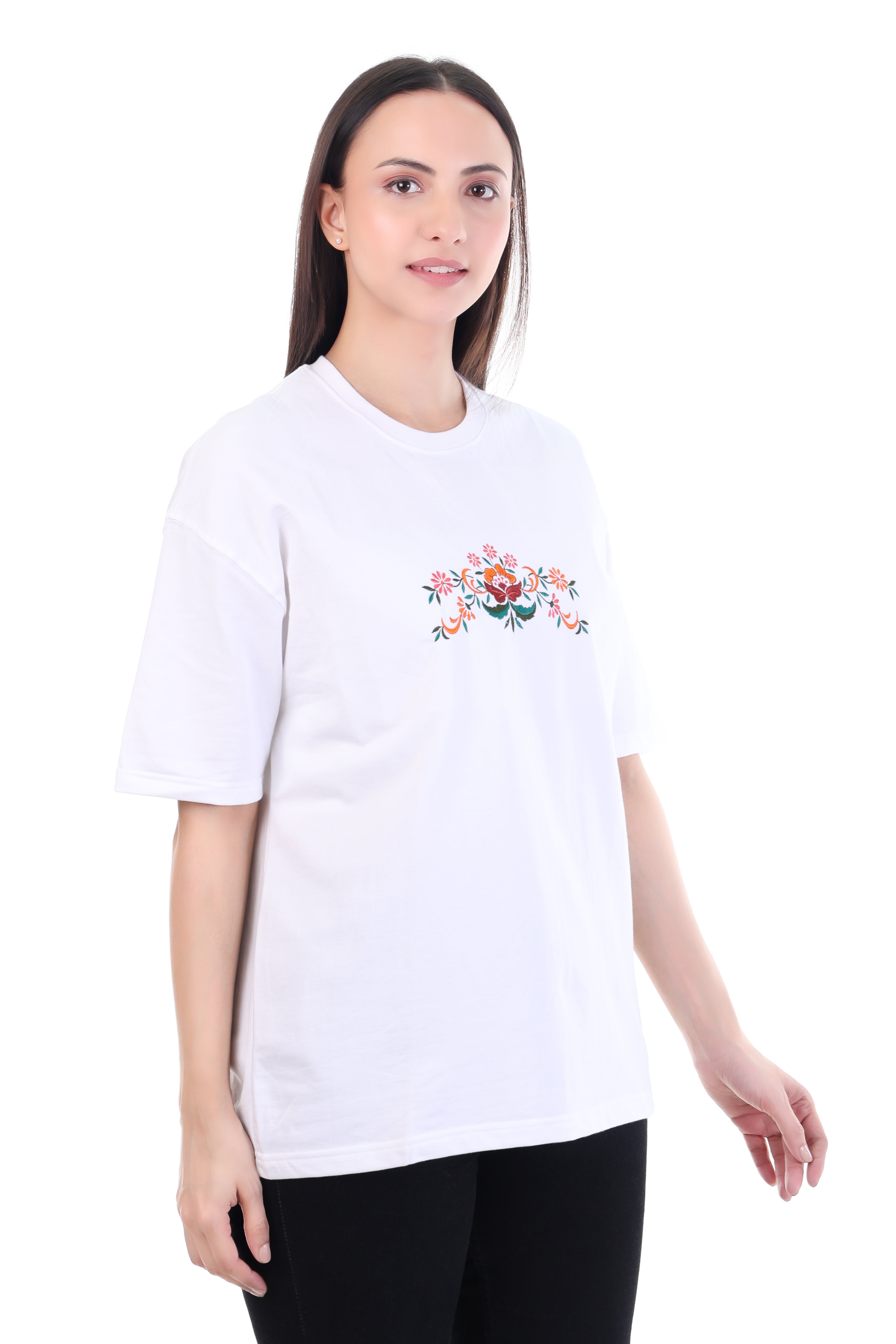 Ornate Bloom – White Floral Embroidered T-Shirt for Women | VVM Vastra