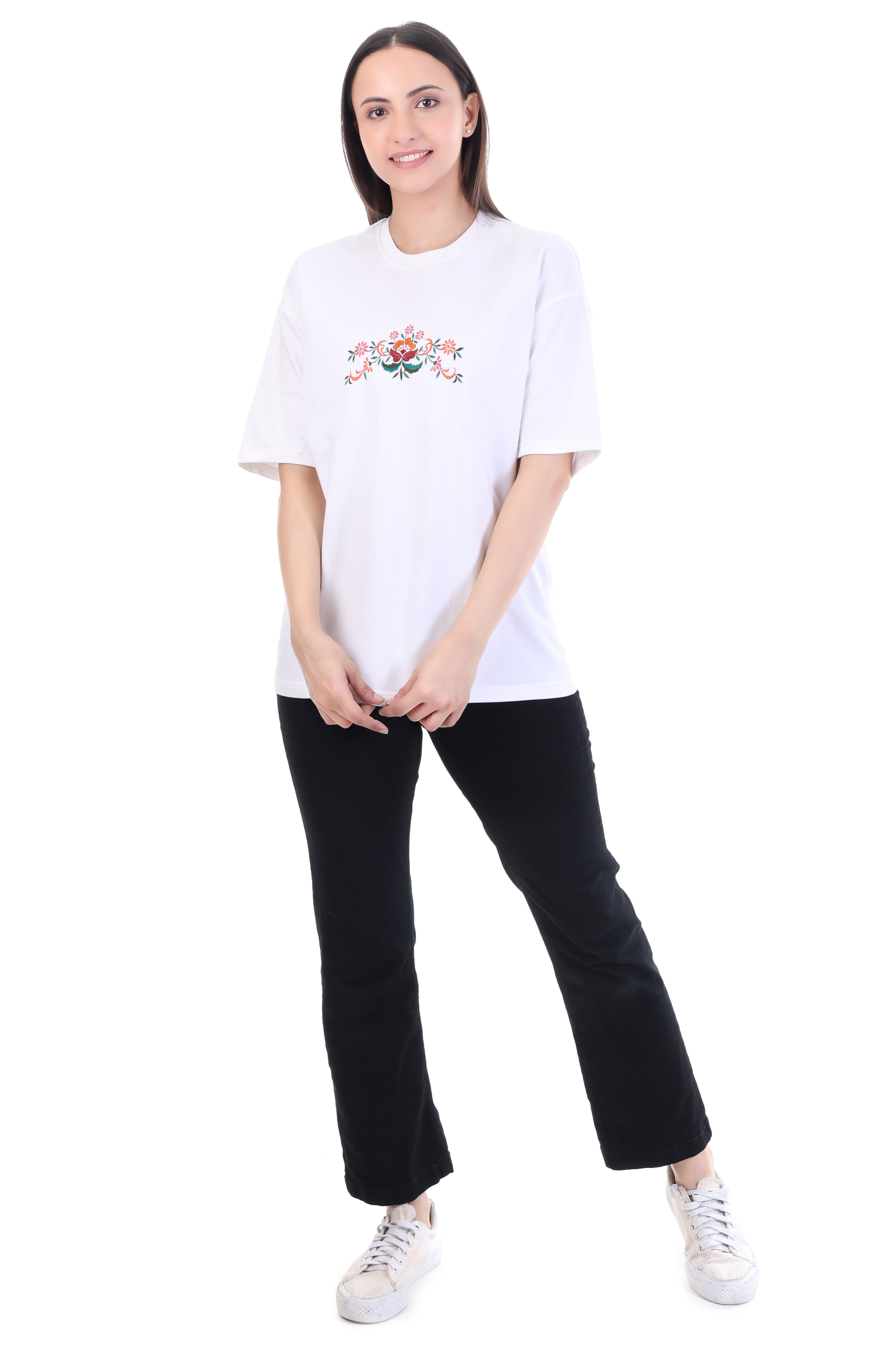 Ornate Bloom – White Floral Embroidered T-Shirt for Women | VVM Vastra