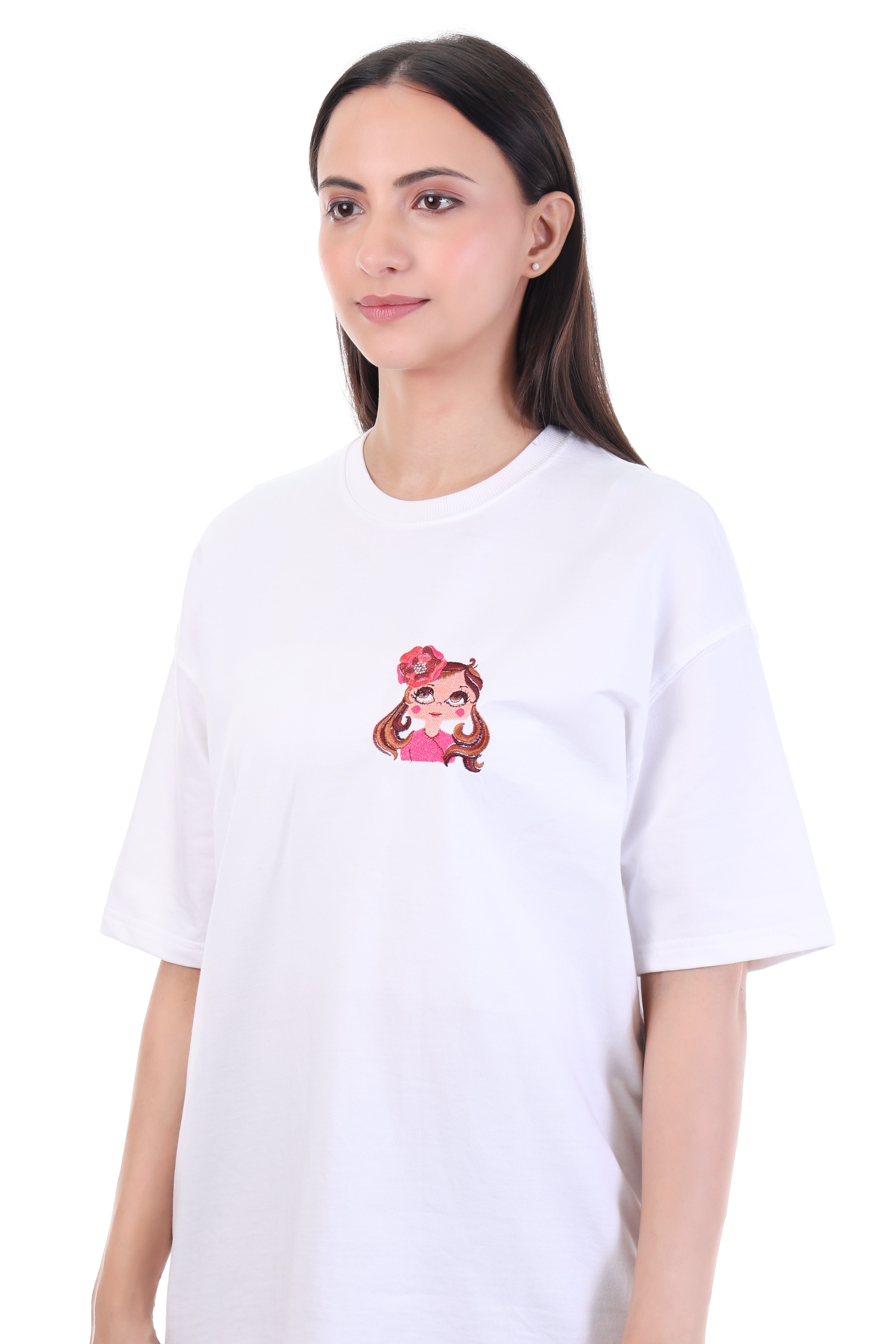 Petal Muse – White Embroidered T-Shirt for Women | VVM Vastra