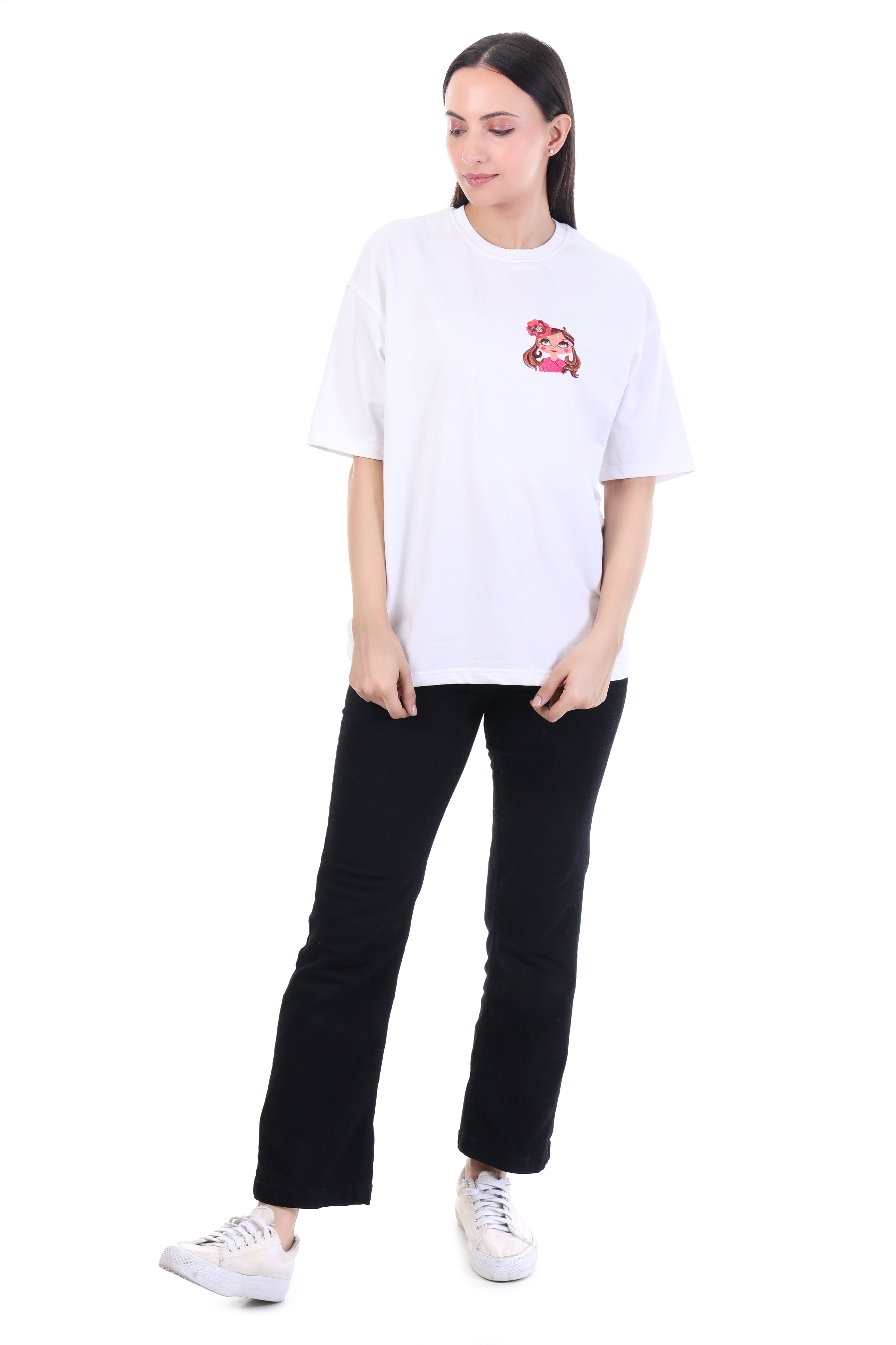 Petal Muse – White Embroidered T-Shirt for Women | VVM Vastra