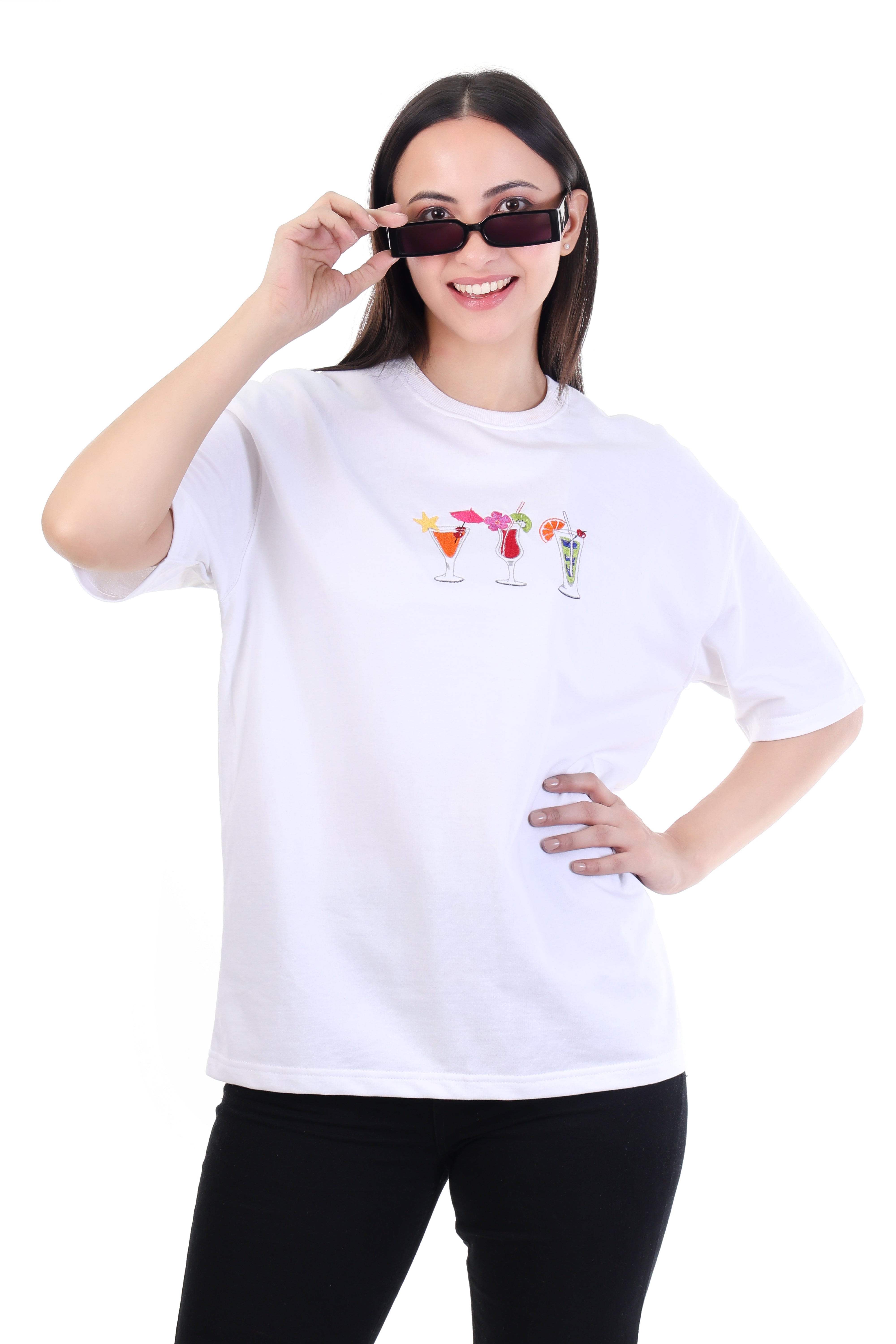 Sips by the Shore â White Beach Drink Embroidered T-Shirt for Women