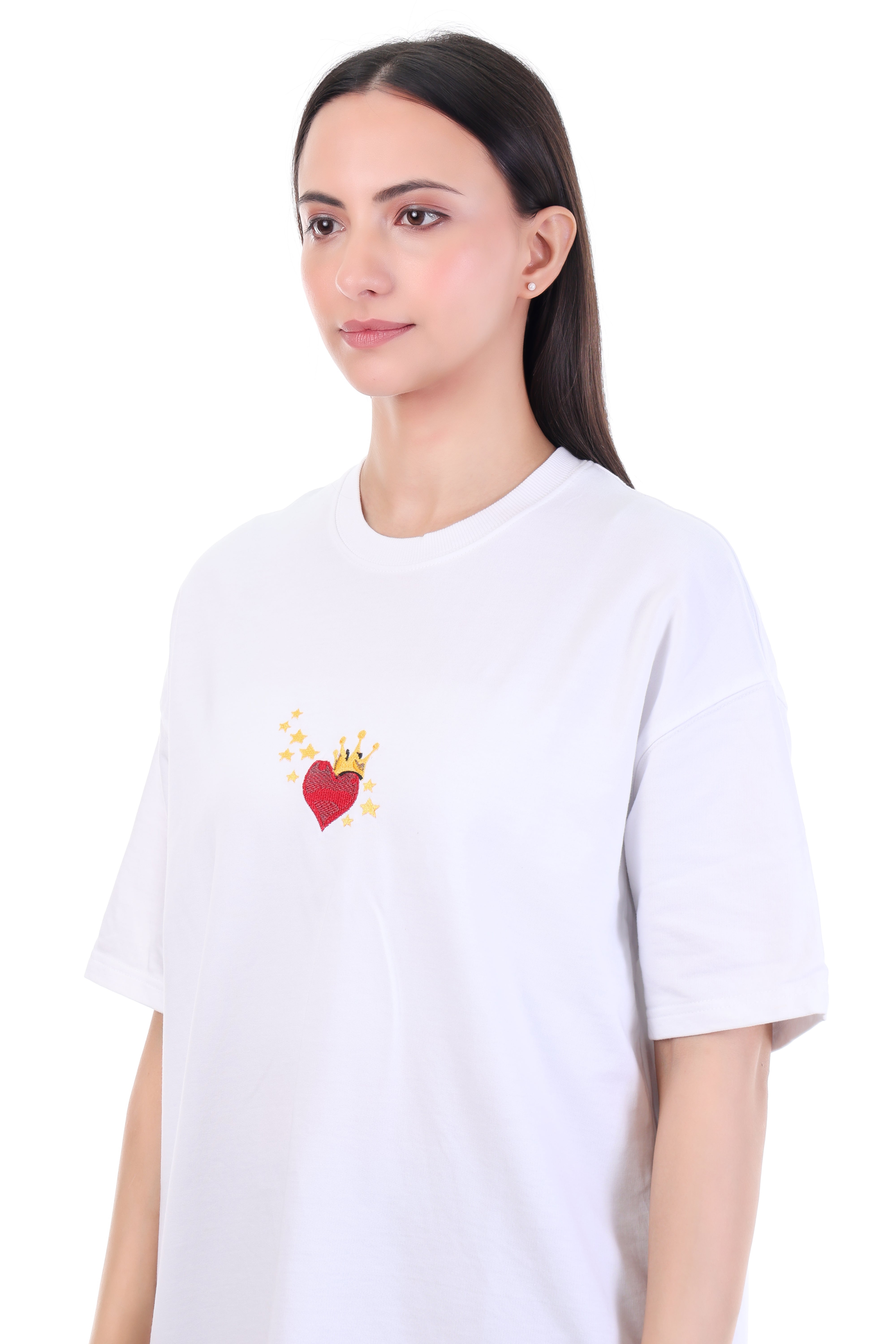 Queen of Hearts – White Crowned Heart Embroidered T-Shirt