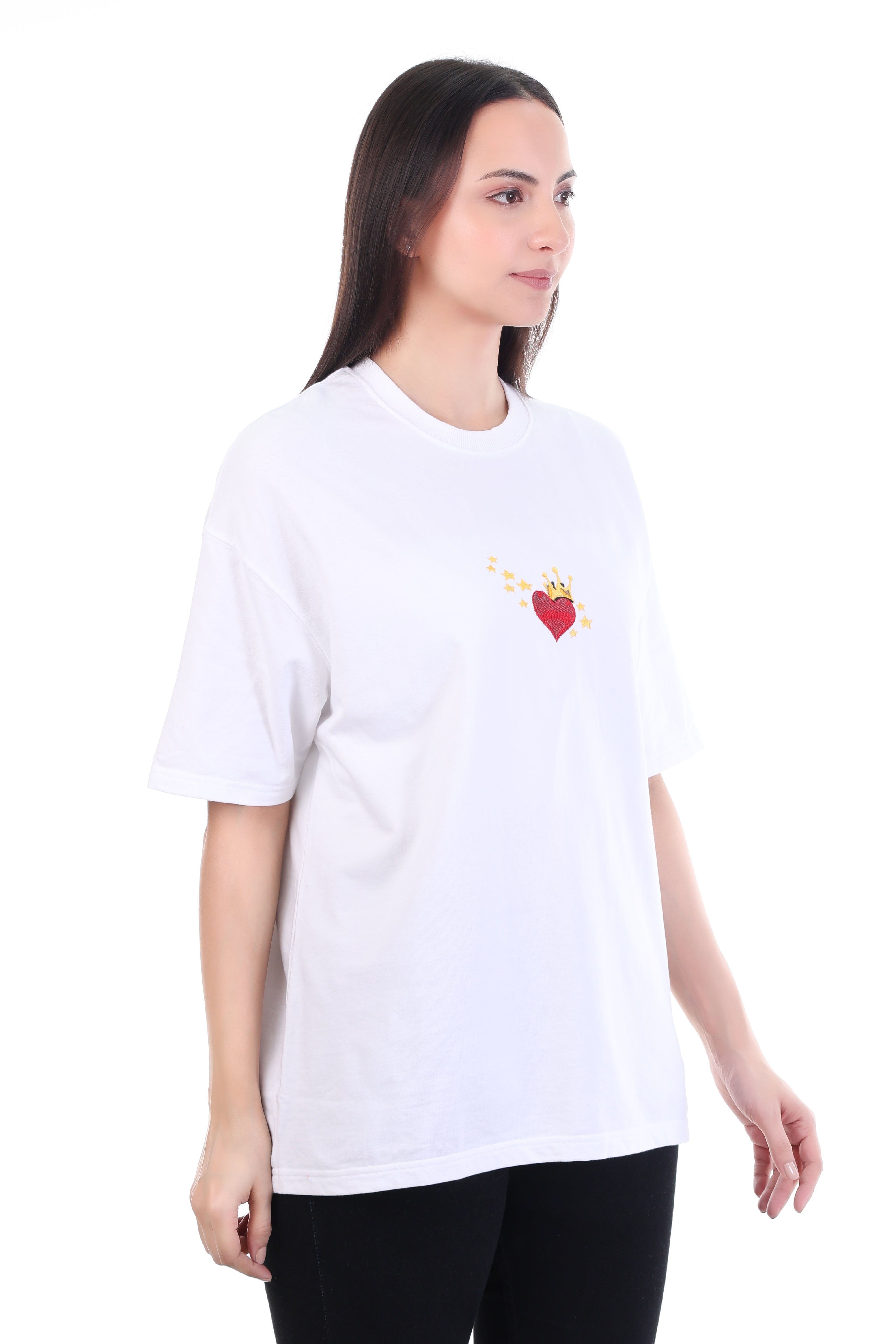 Queen of Hearts – White Crowned Heart Embroidered T-Shirt