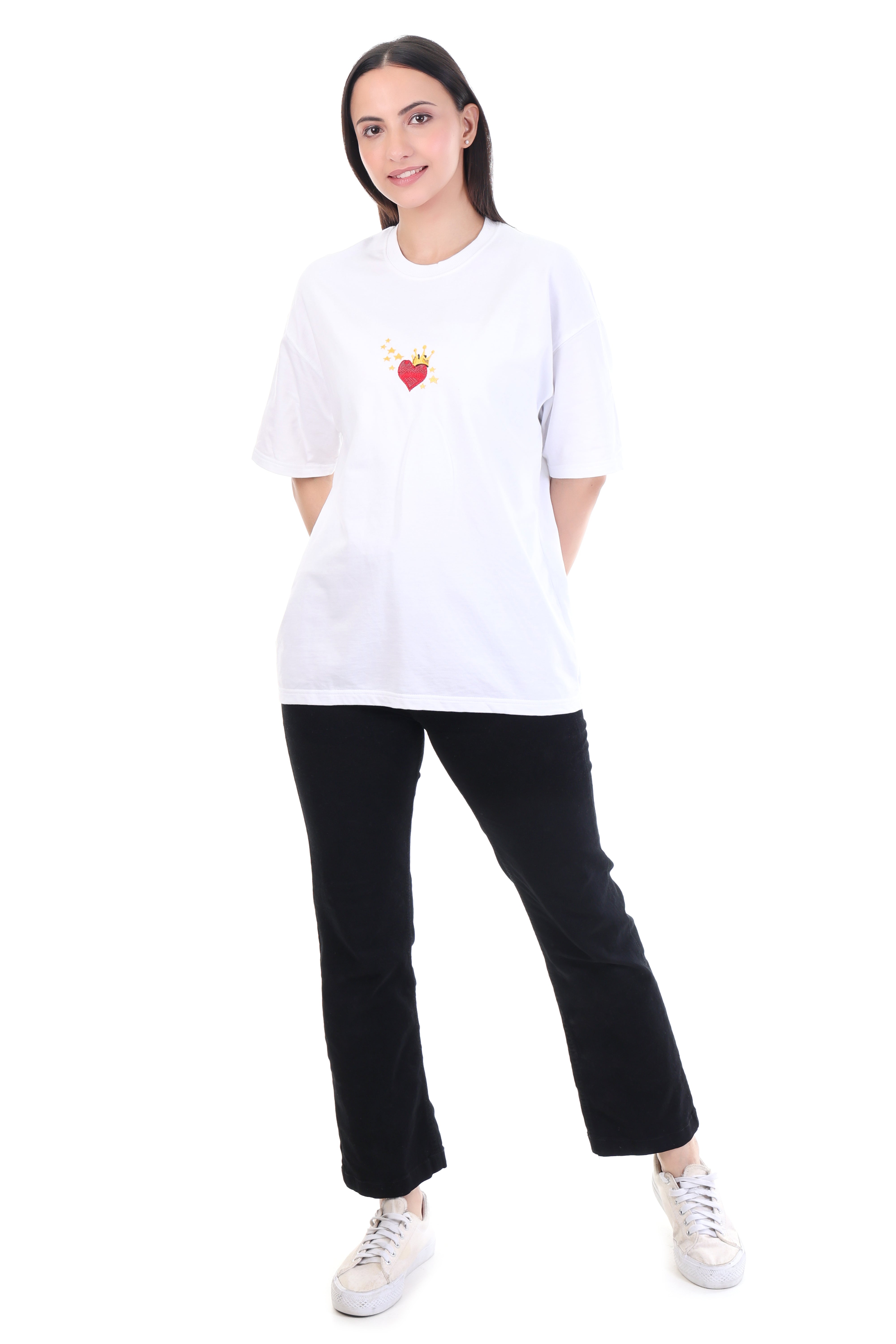 Queen of Hearts – White Crowned Heart Embroidered T-Shirt