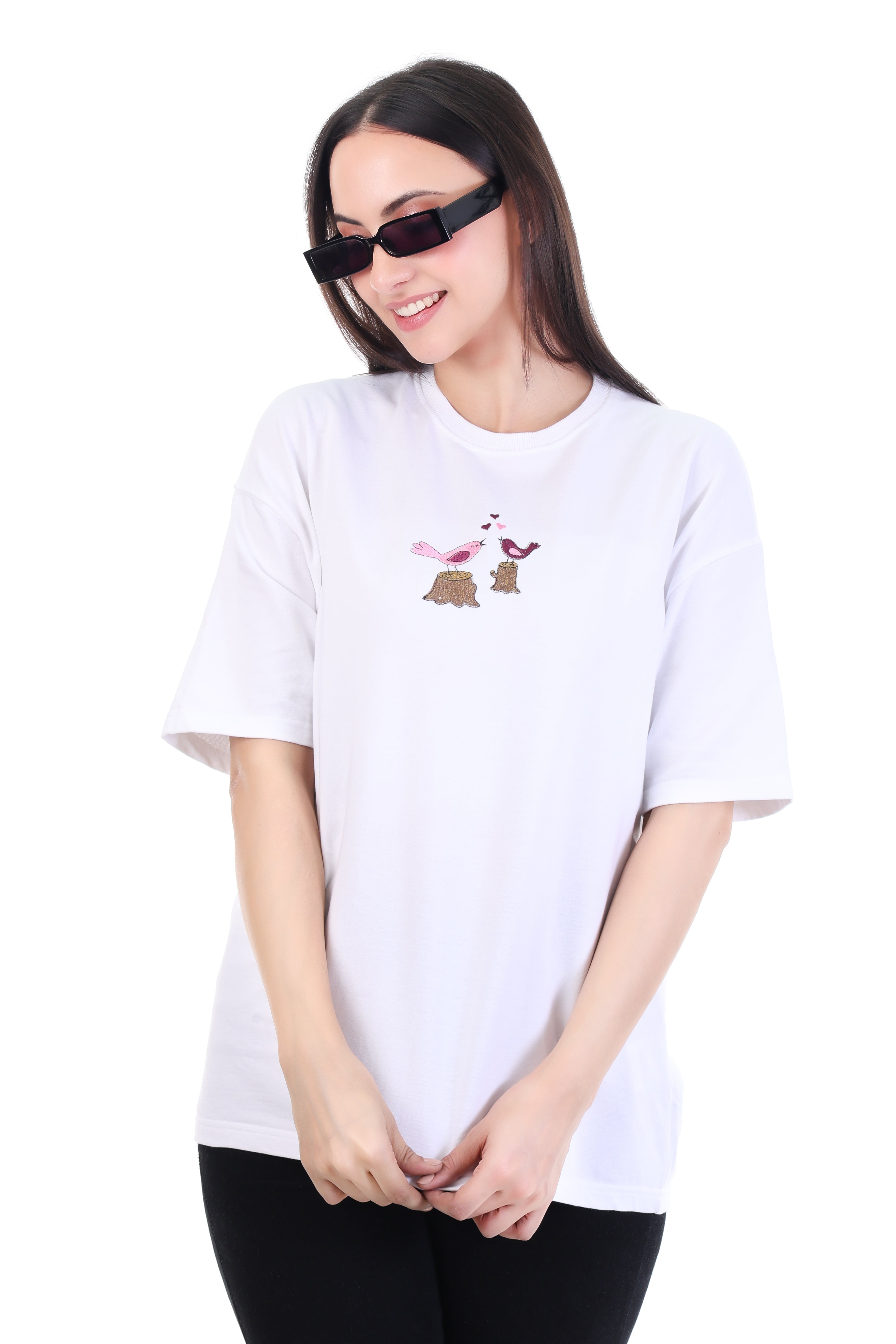 Feathered Love â White Embroidered T-Shirt for Women