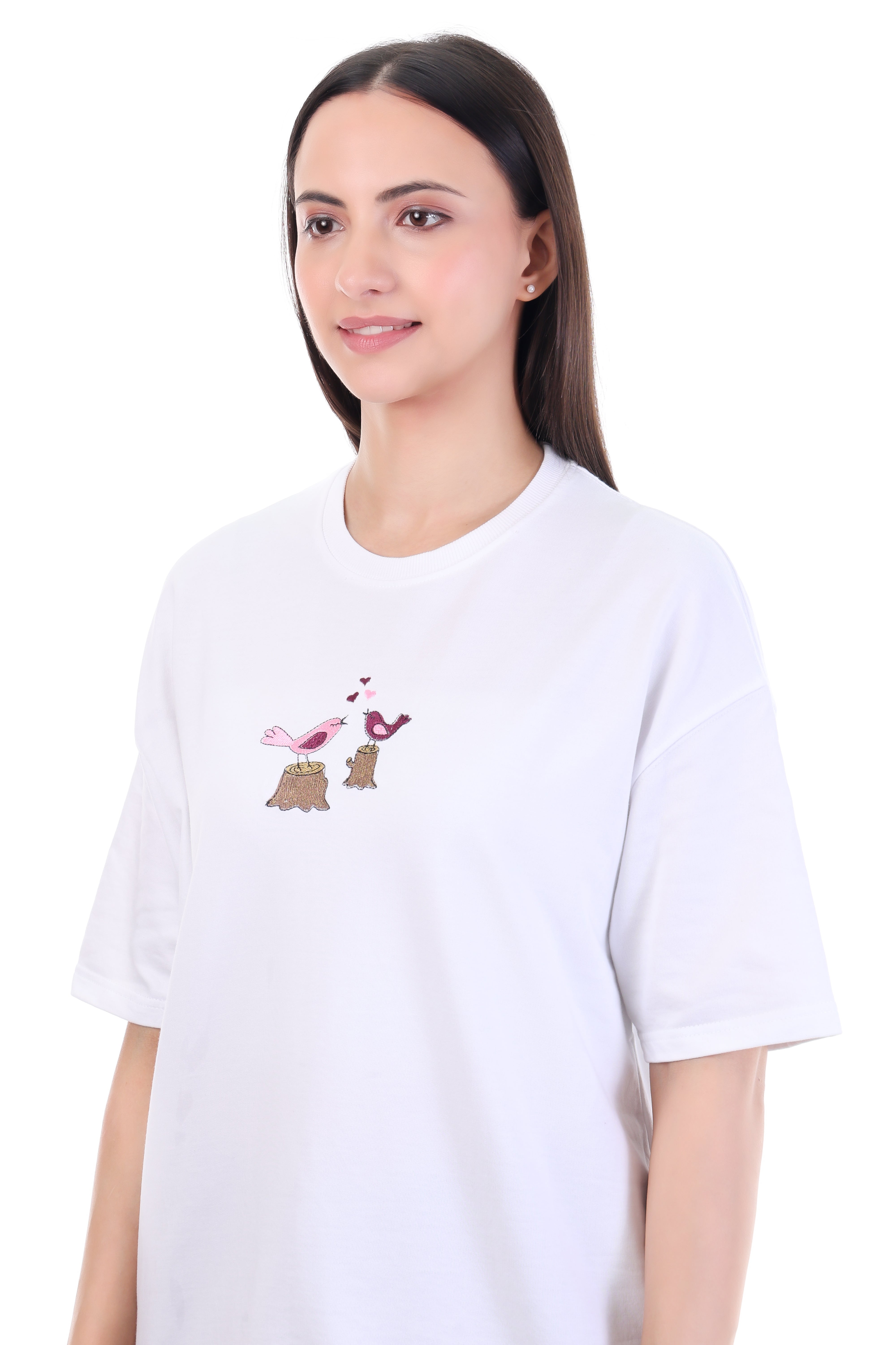 Feathered Love – White Embroidered T-Shirt for Women