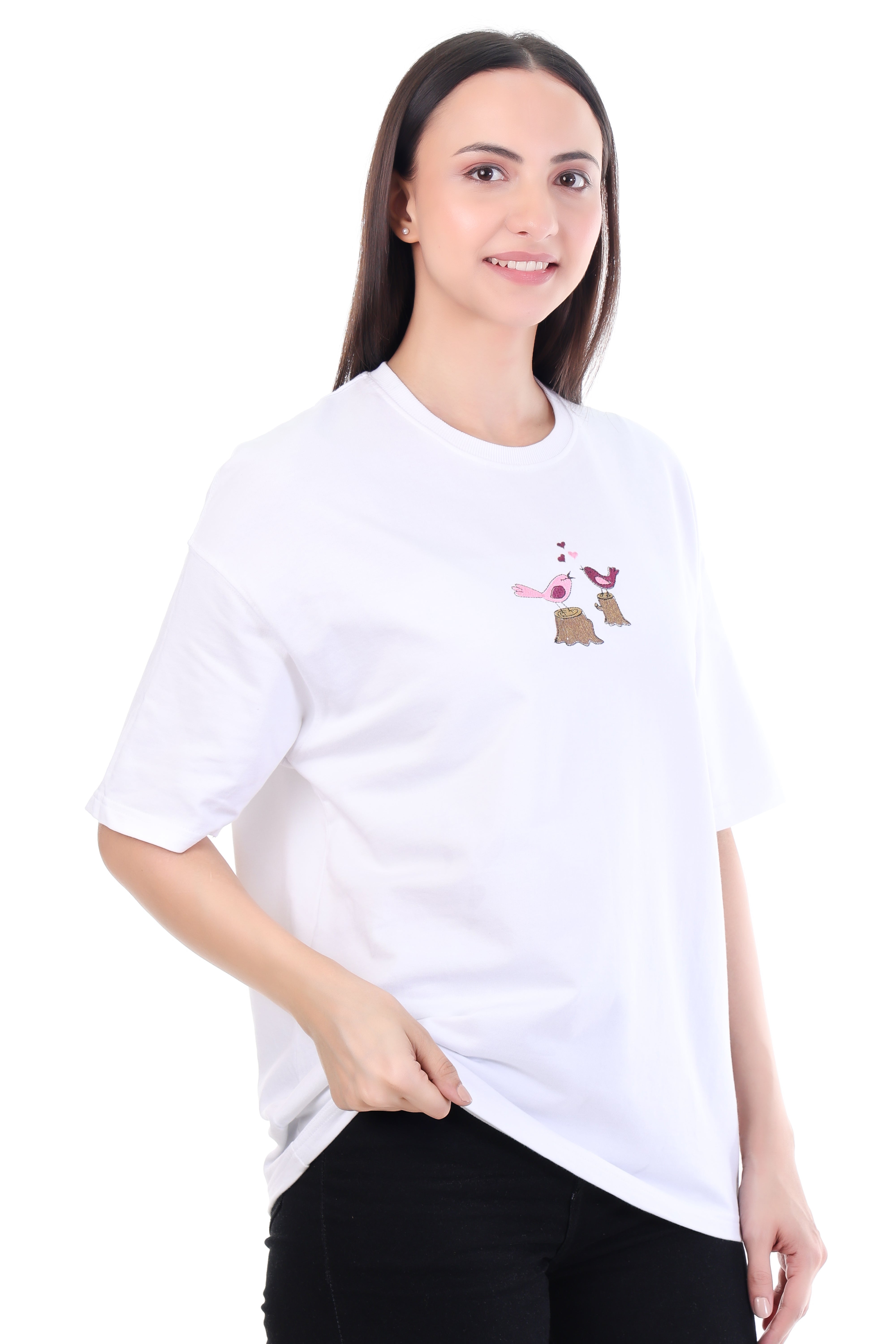 Feathered Love – White Embroidered T-Shirt for Women