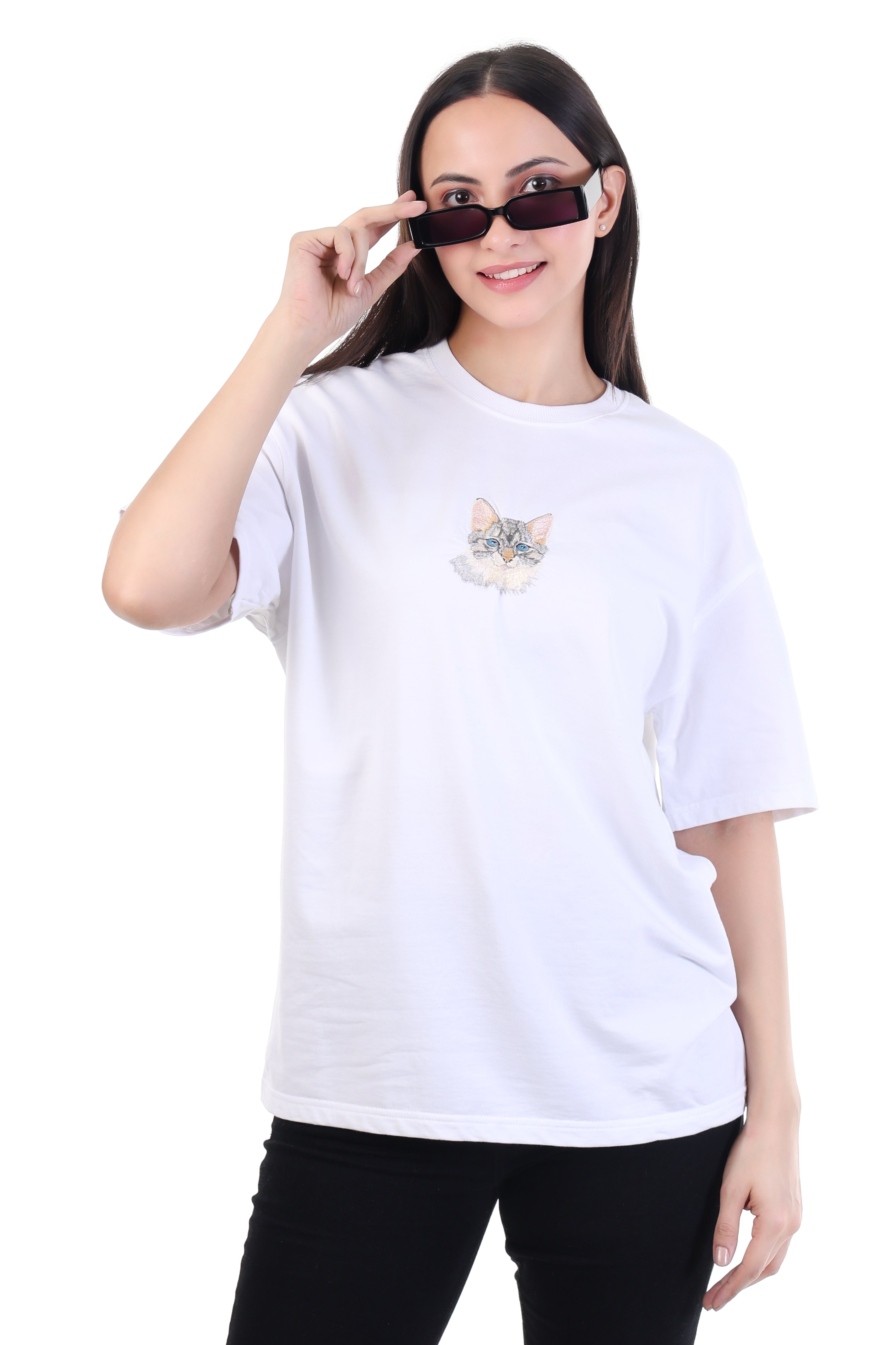 Curious Whiskers â White Cat Embroidered T-Shirt for Women